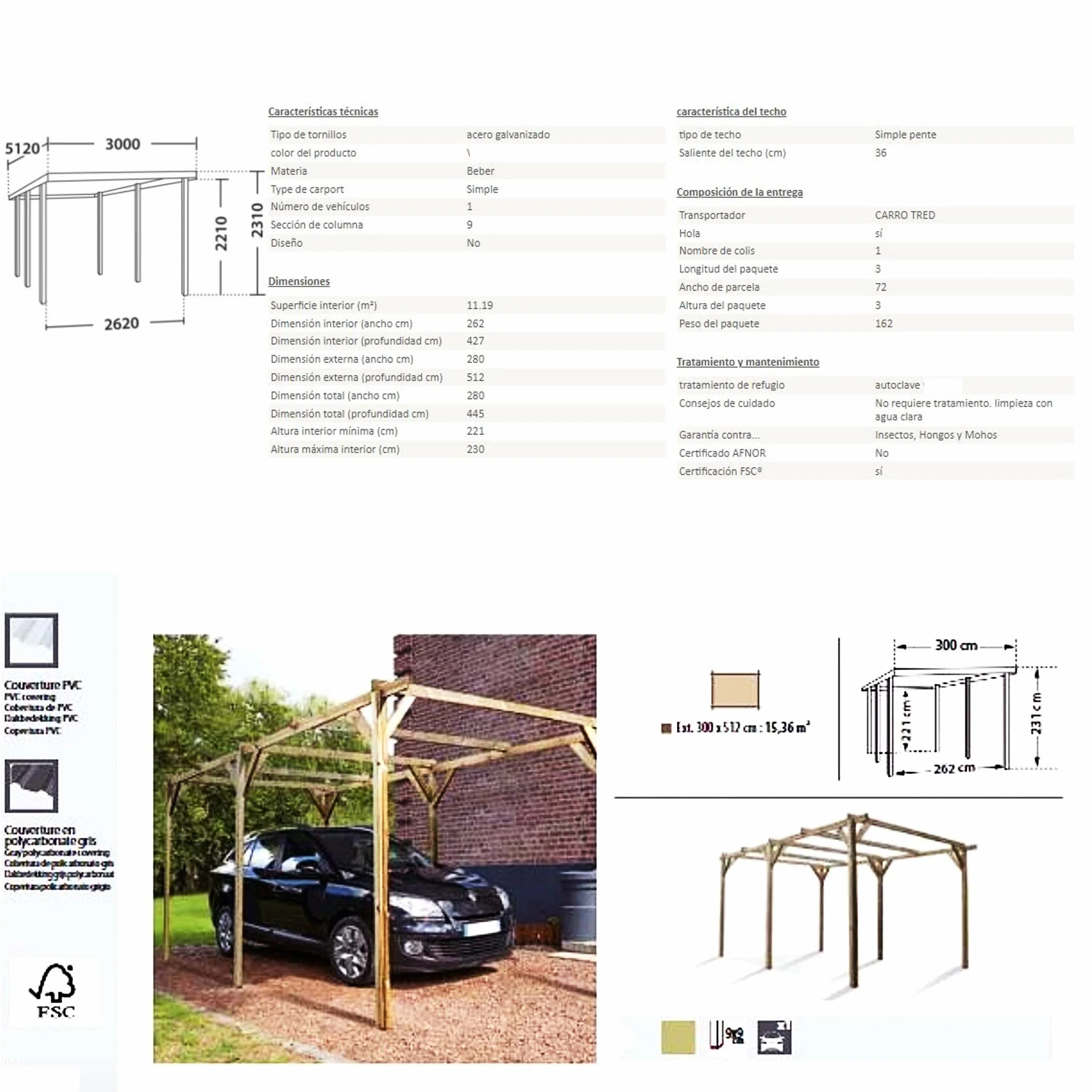 Bricoloco Cochera de Madera para 1 Coche Exterior Pino 13,4 m² 3x5 MTS Certificado FSC