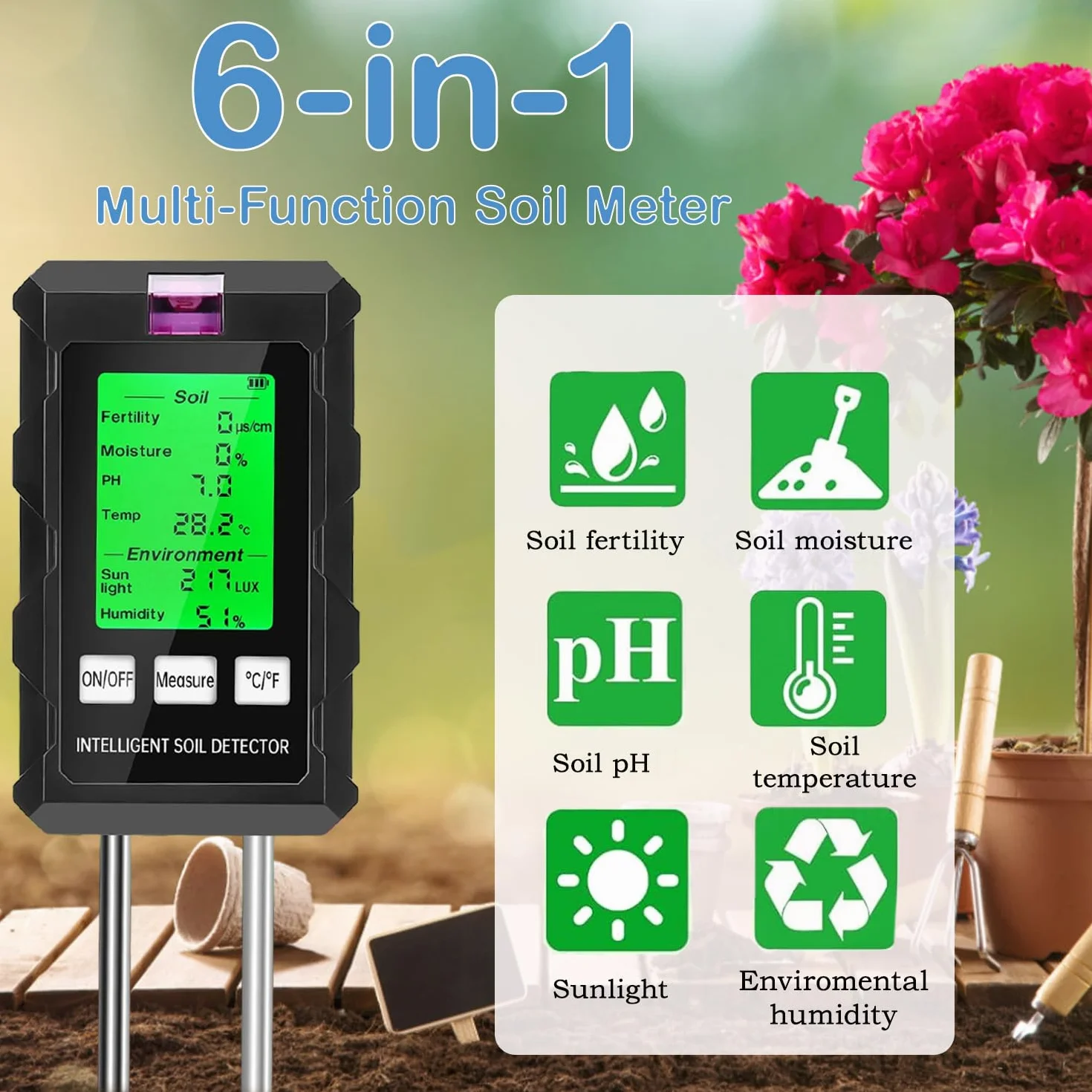 Medidor de Suelo 6 en 1 pH Humedad Temperatura Luz Solar Doble Sonda Pantalla LCD