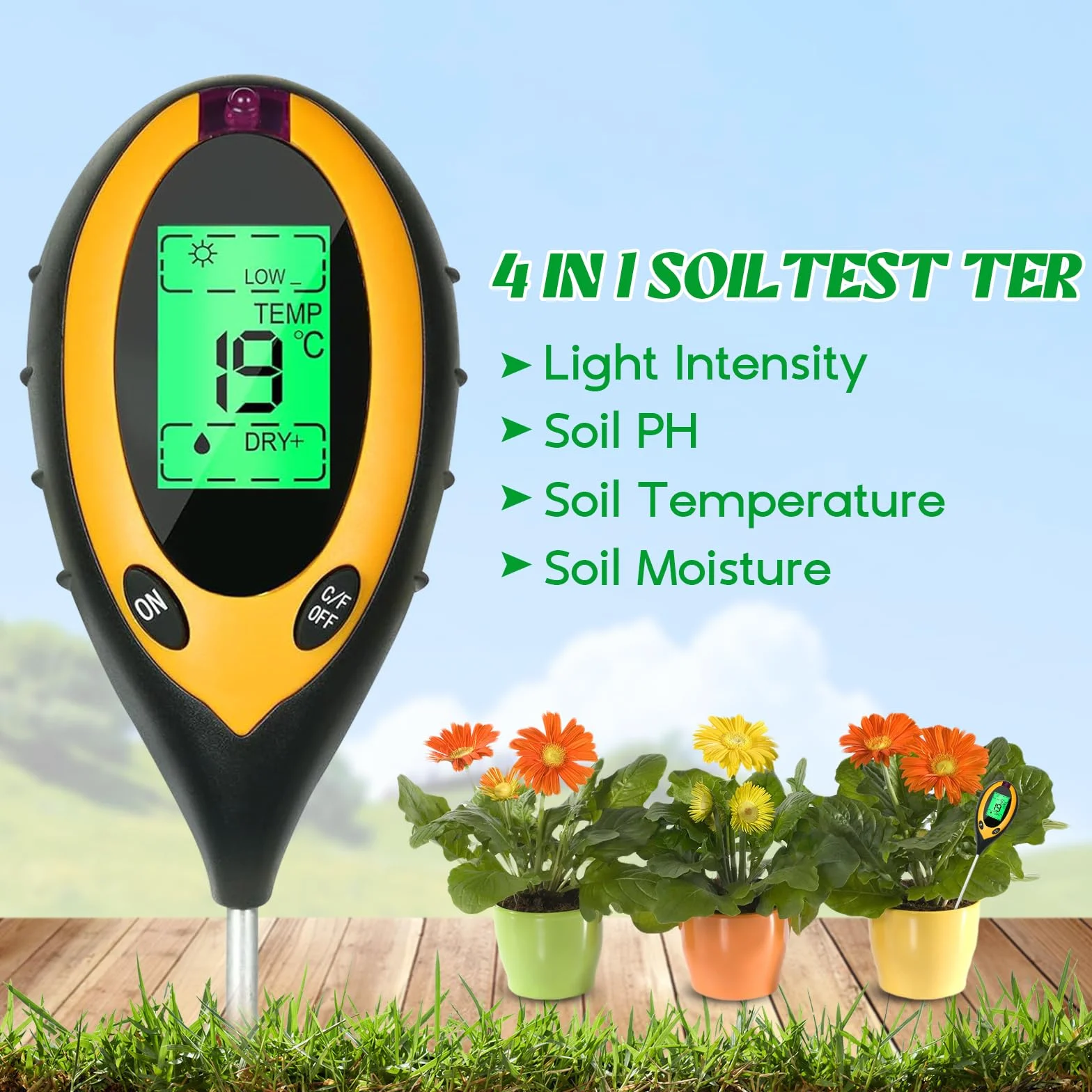 Medidor de Suelo 4 en 1 pH/Humedad/Temperatura/Luz con Pantalla LCD para Jardín y Plantas