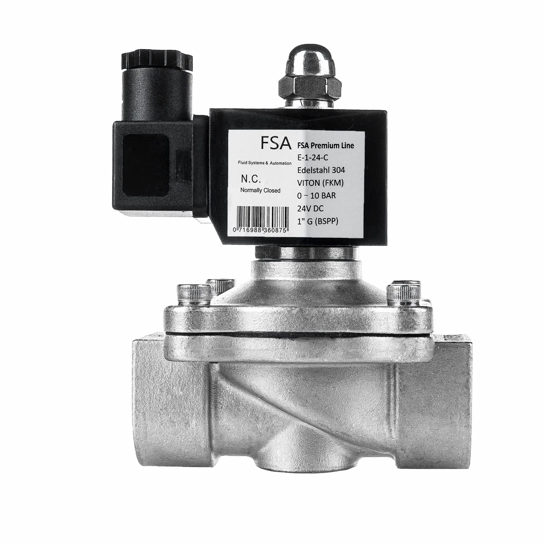 FSA Válvula Magnética de Acero Inoxidable 304 1" 24V DC 0-10 bar Viton cerrada