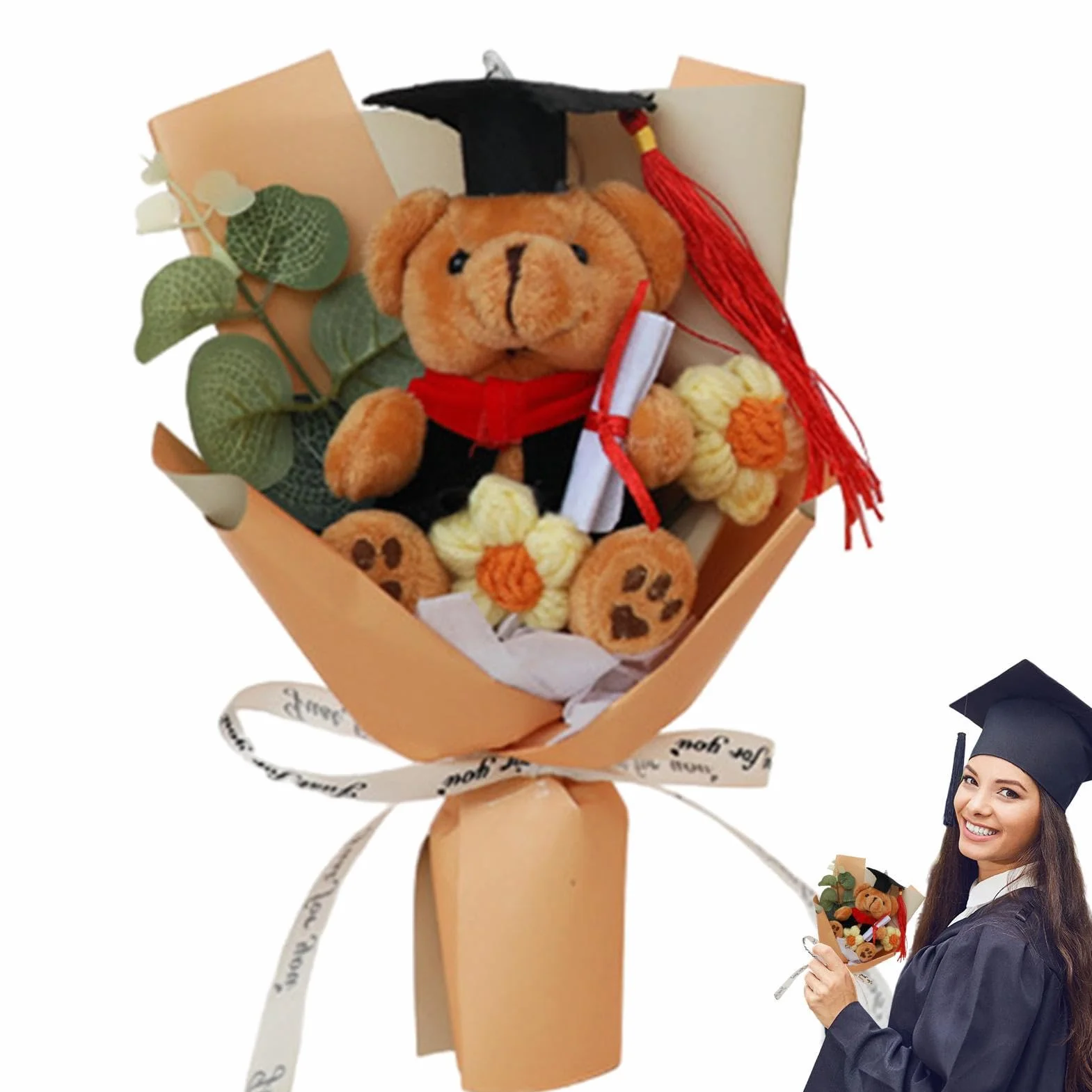 Ramo de Flores de Oso de Graduación, Flores de Ganchillo Hecho a Mano con Oso de Peluche