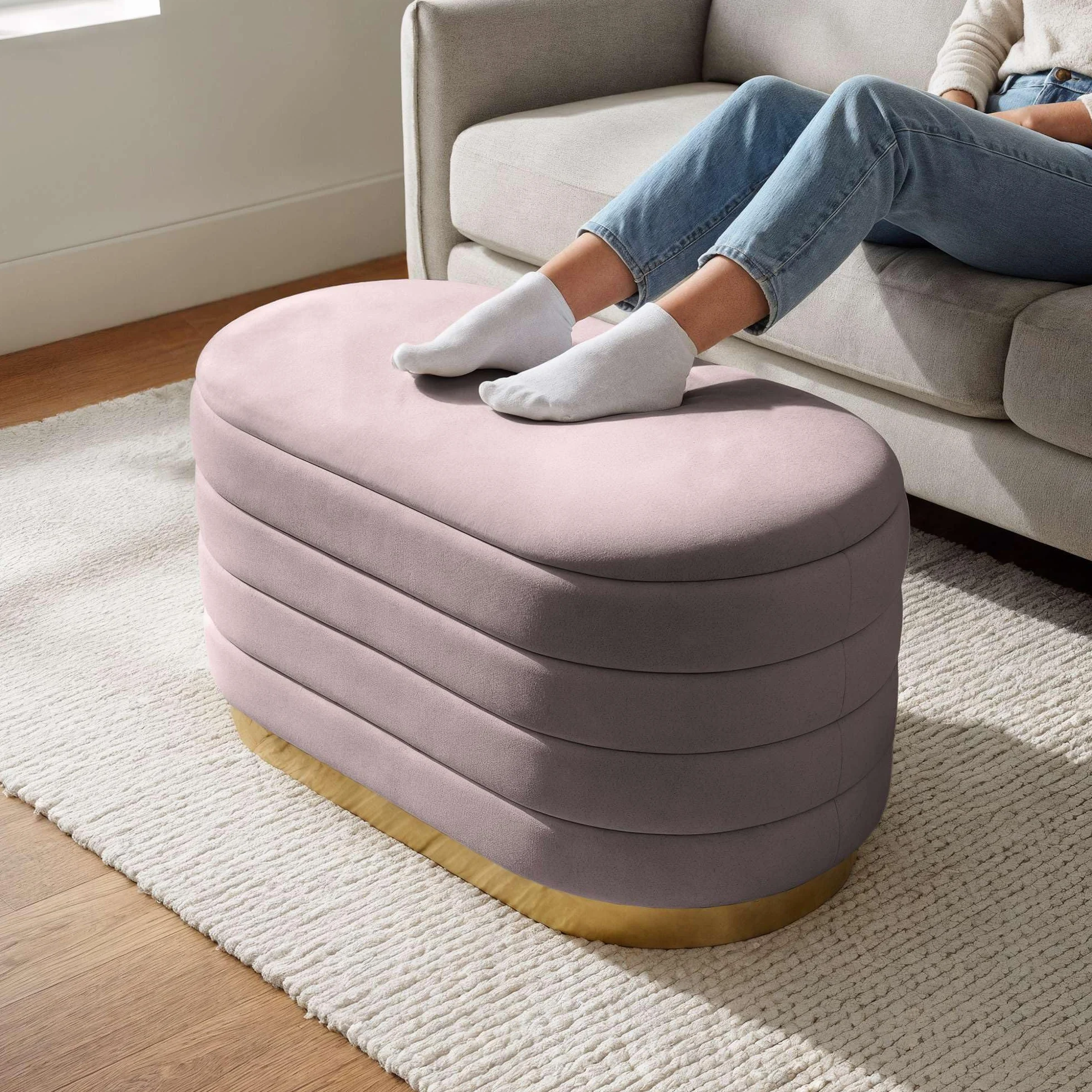 AKORD Banqueta con Almacenamiento en Terciopelo 80 cm, Banco de Cama Tapizado, Patas de Metal Dorado, Rosa empolvado