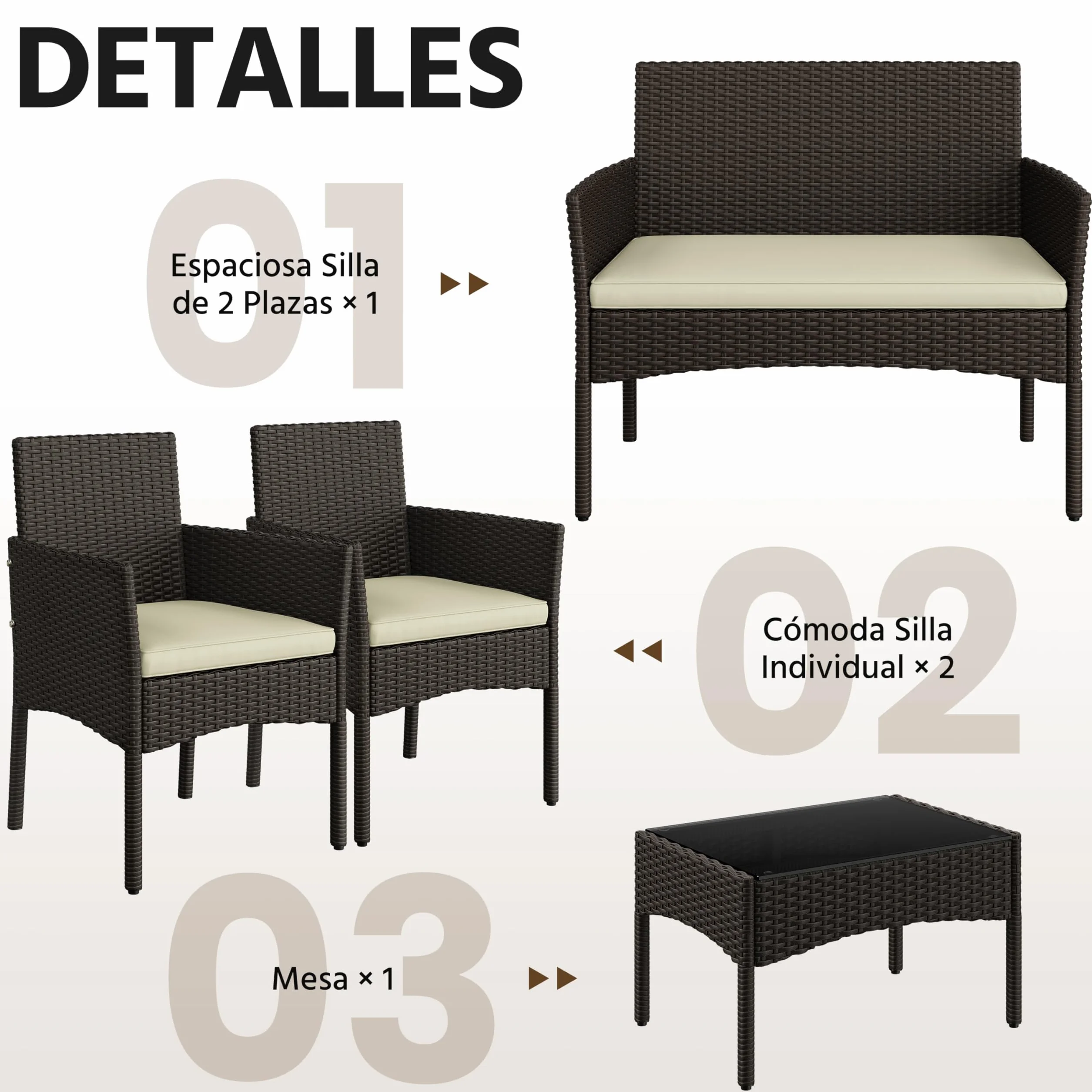 Yaheetech Conjunto de Muebles Ratán de Jardín 4 Piezas con Cojines y Mesa de Vidrio Marrón Beige