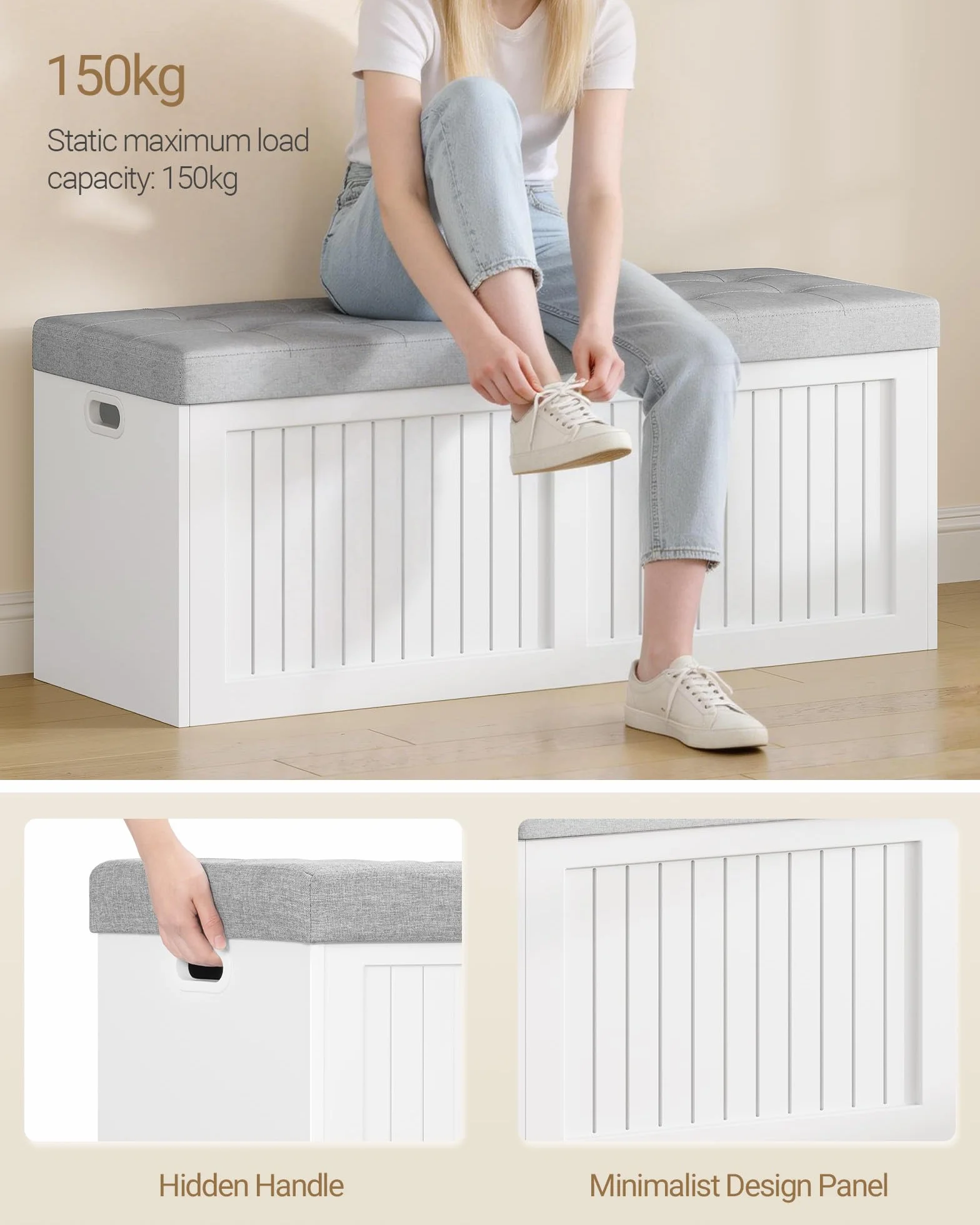 Baúl almacenaje Banco con Compartimento, Tapa Abatible Cojín Lino, 40 x 109 x 44,5 cm, Blanco-Gris