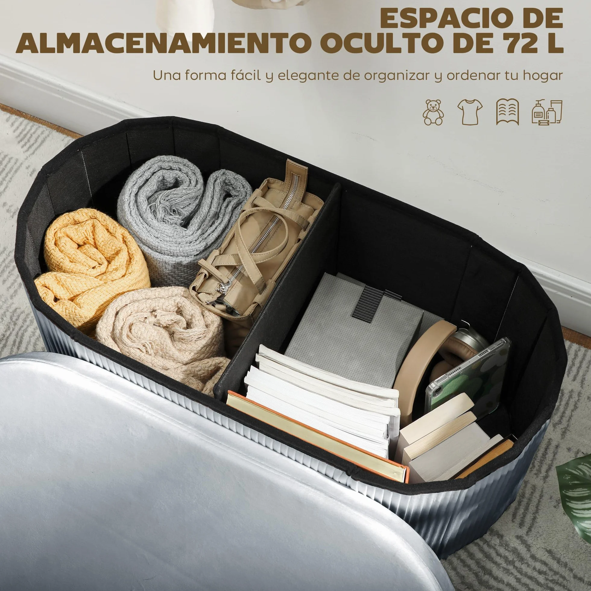 HOMCOM Baúl Almacenaje Plegable 72L 76x38x35 cm Terciopelo Gris Oscuro