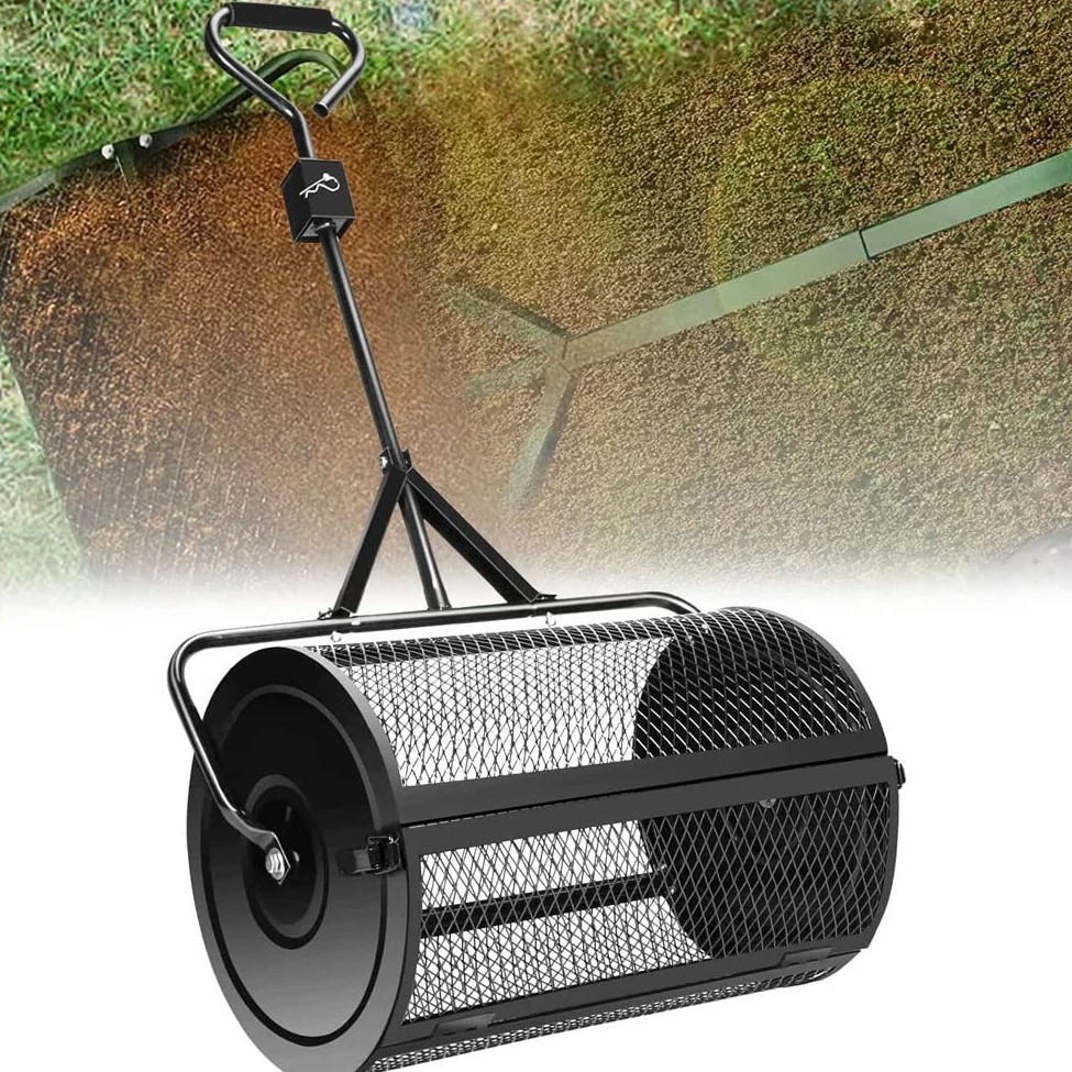 Esparcidor de compost, herramienta de malla de metal duradera con mango triangular para césped y jardín, ideal para plantar, sembrar y esparcir estiércol