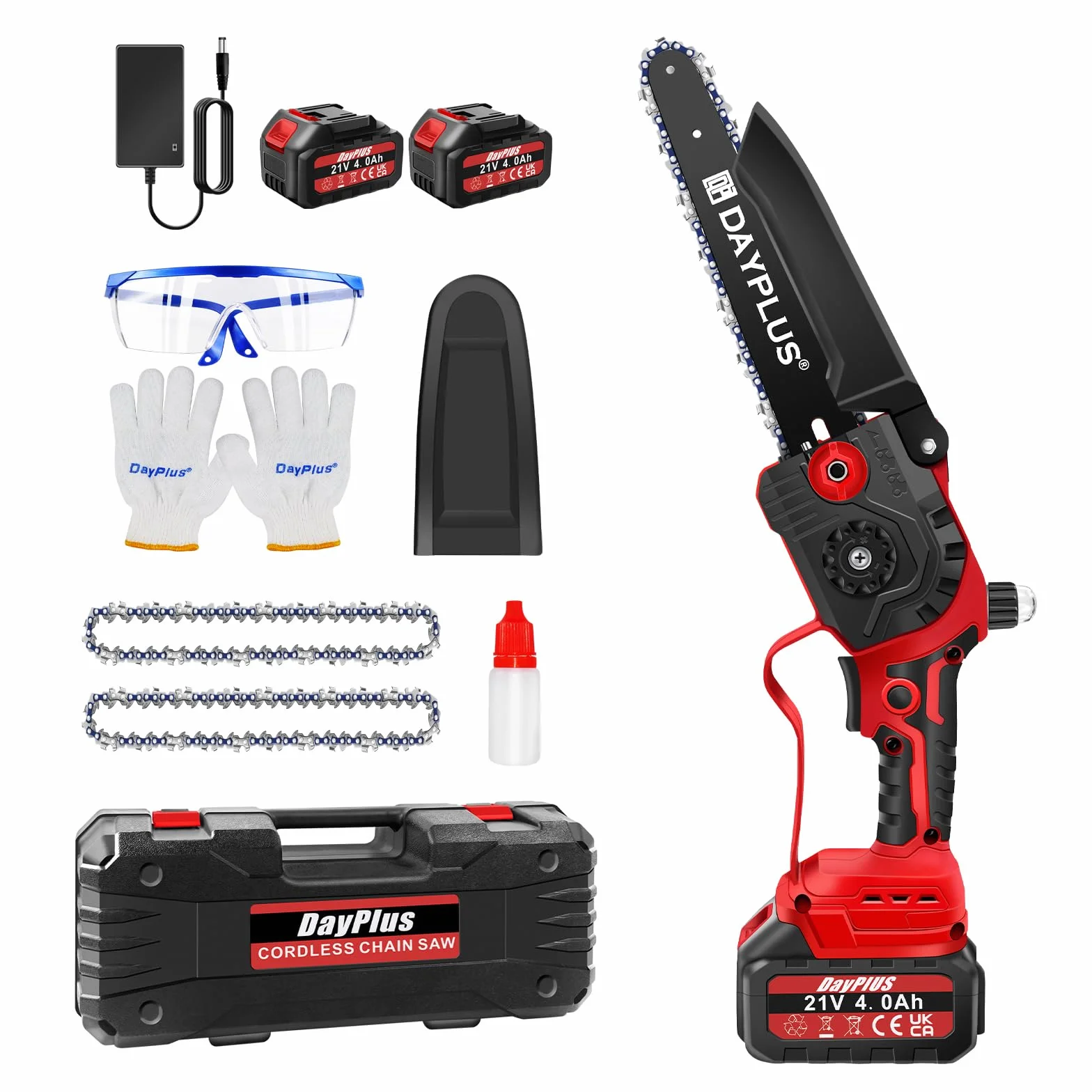 Mini motosierra eléctrica inalámbrica de 8 pulgadas con 2 baterías, 2 cadenas y maletín de transporte, motosierra portátil con batería para jardín, patio, ramas de árboles y copa de madera, rojo
