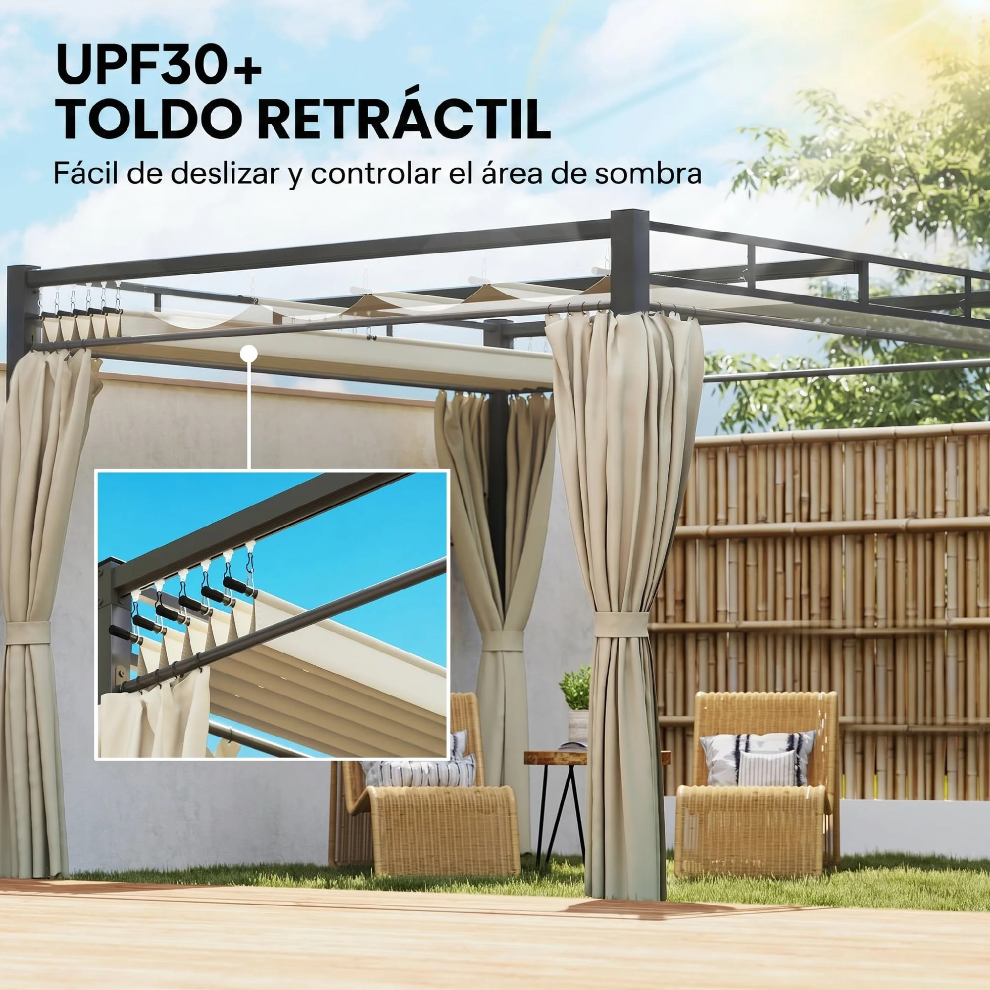 Outsunny Pérgola de Jardín 3x3 m con Techo Retráctil y 4 Cortinas, Cenador de Jardín con Protección UV30+, Impermeable, Estructura Metálica, Pabellón para Patio, Terraza, Exterior, Beige