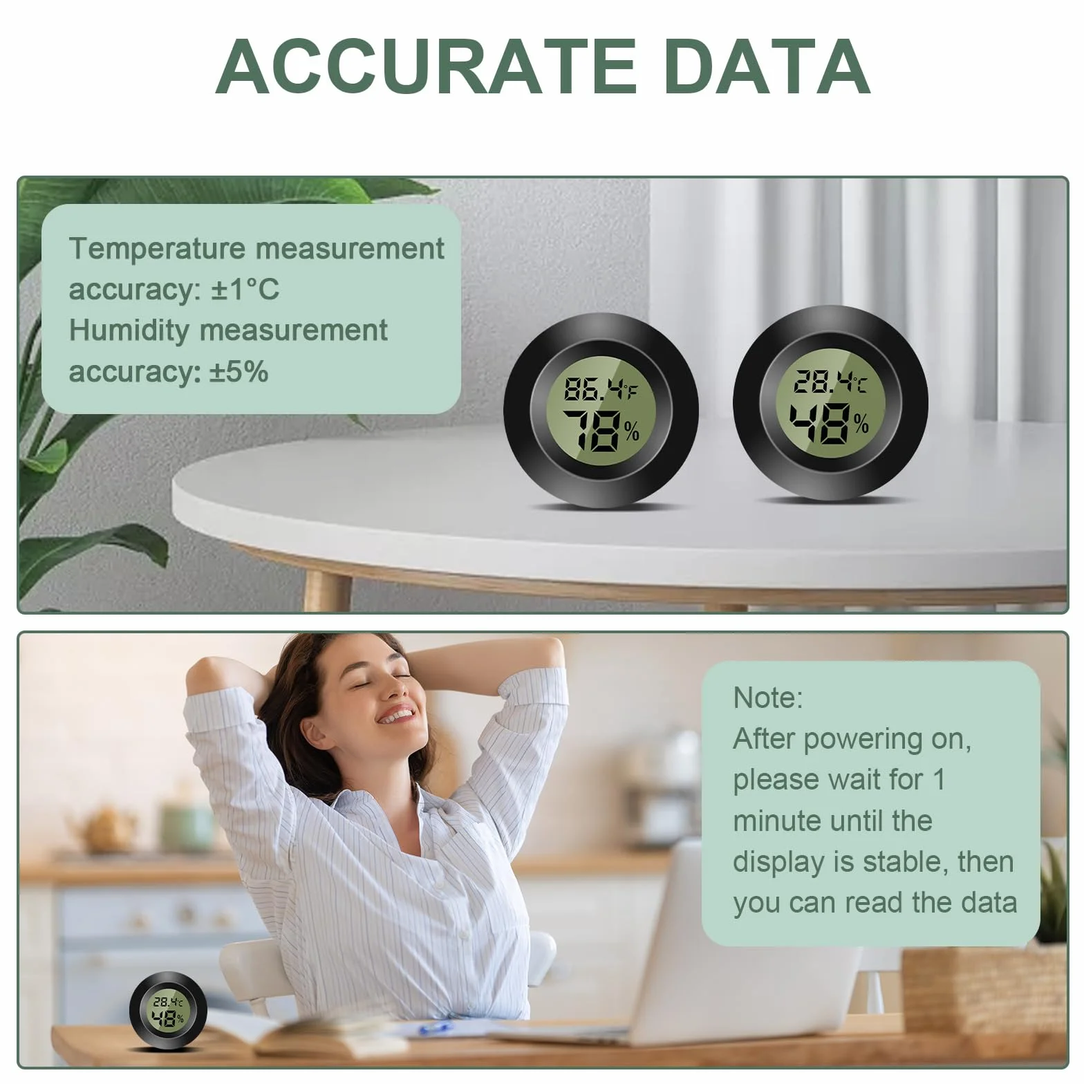 Mini termómetro digital LCD para interiores, higrómetro con monitor de temperatura y humedad, negro