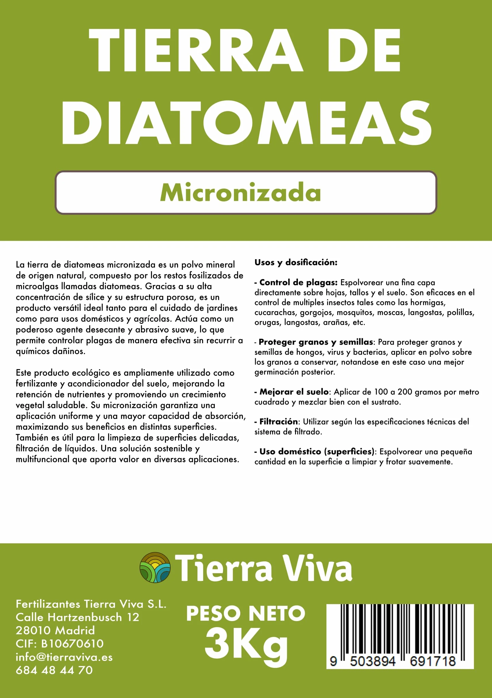 Tierra de Diatomeas Micronizada 3KG 100% Ecológico Sin Aditivos