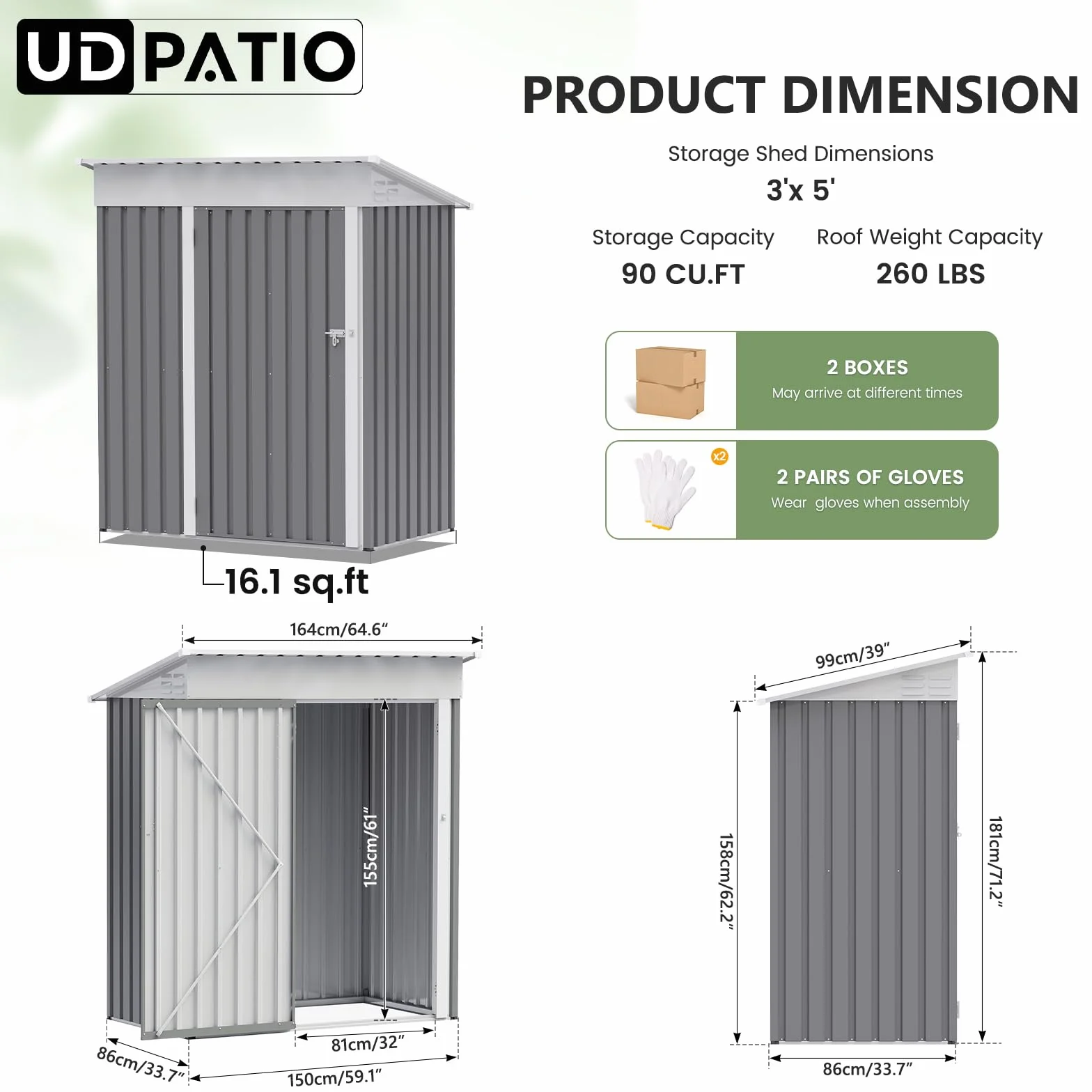 UDPATIO Caseta de Jardín Exterior Metálico Galvanizado Impermeable 162x92x182 cm Gris Almacenamiento Herramientas