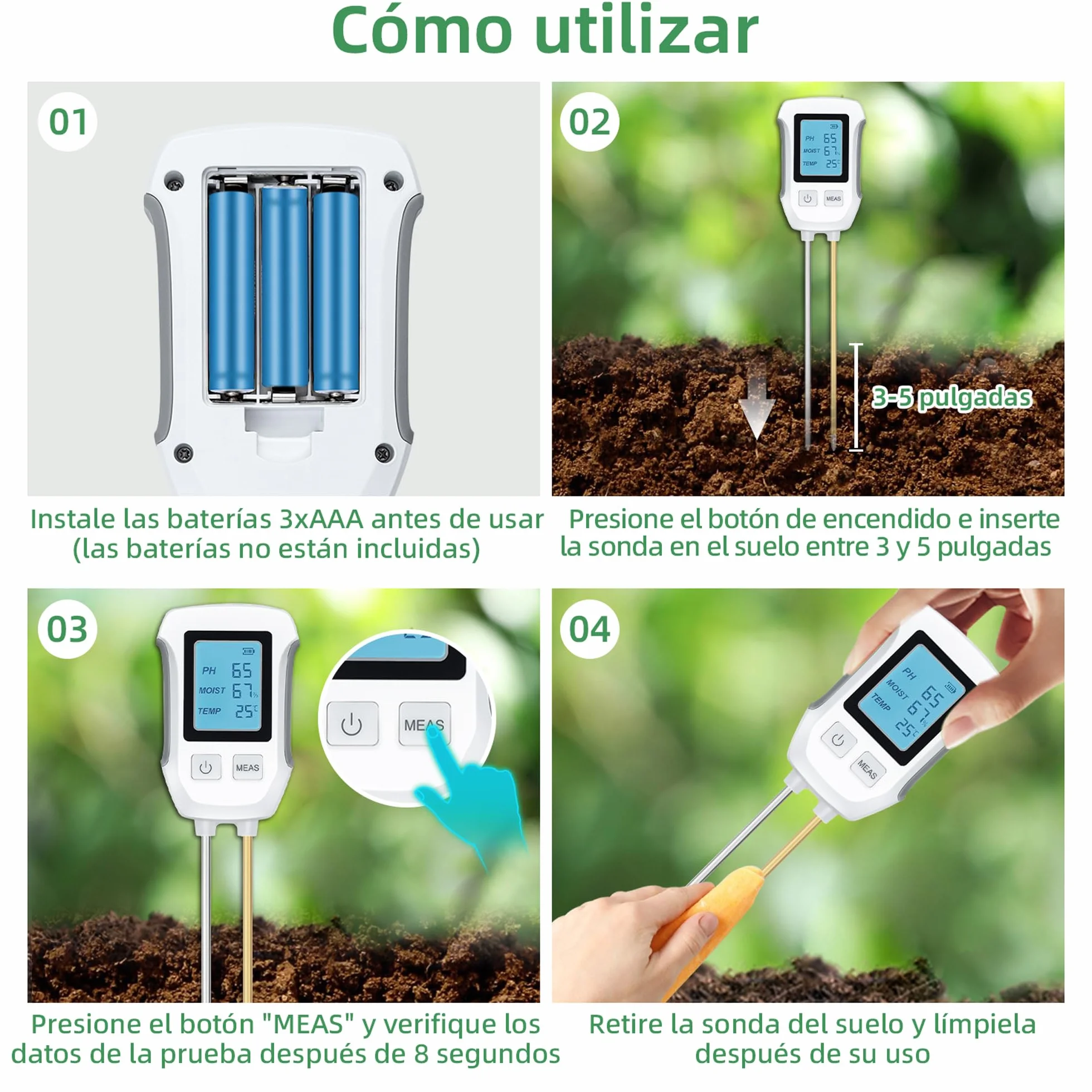 Mcbazel Medidor de Prueba de Suelo 3 en 1, Detección de pH, Temperatura, Humedad con Pantalla LCD Retroiluminada