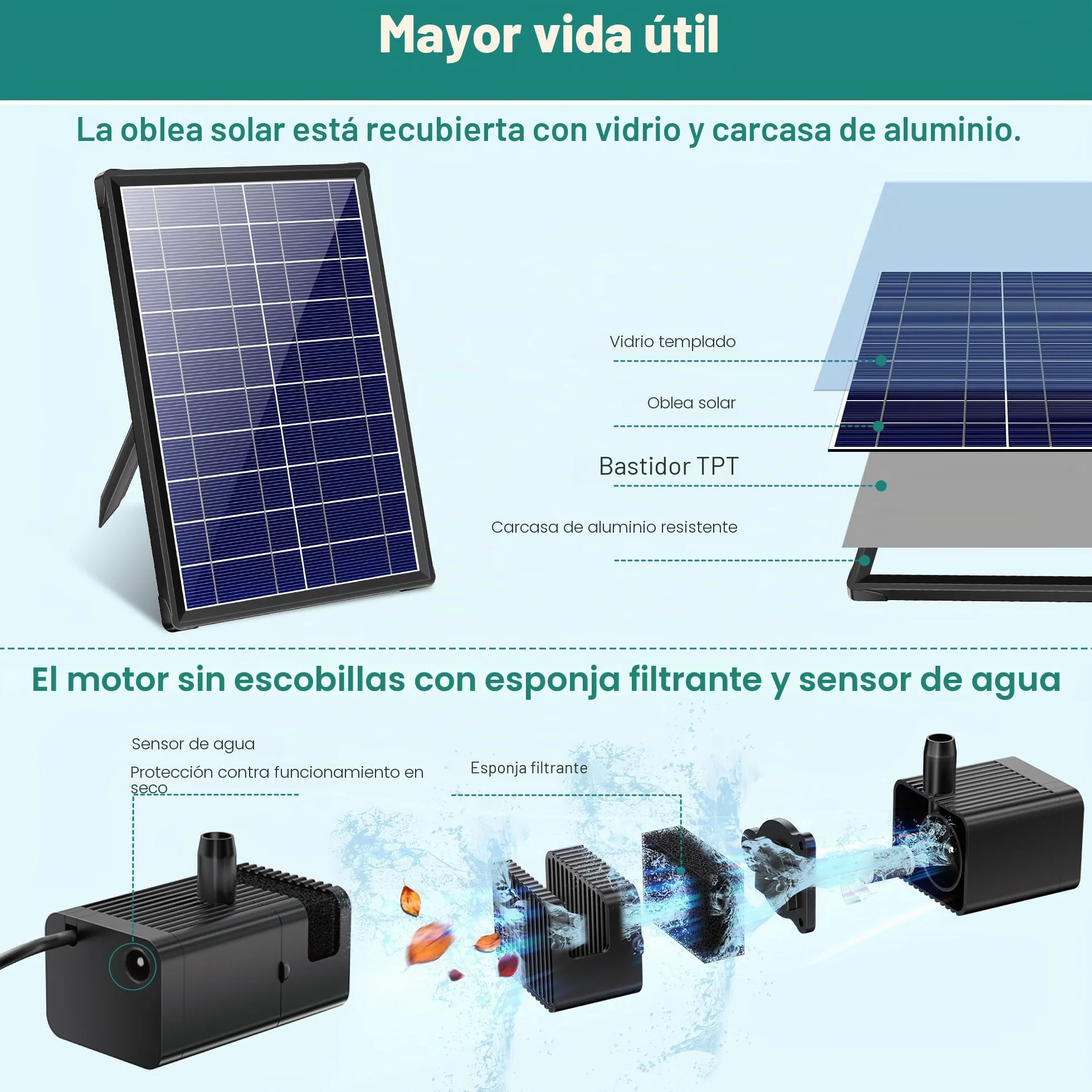 Bomba solar para estanque con filtro 8 W 3600 mAh fuente flotante exterior