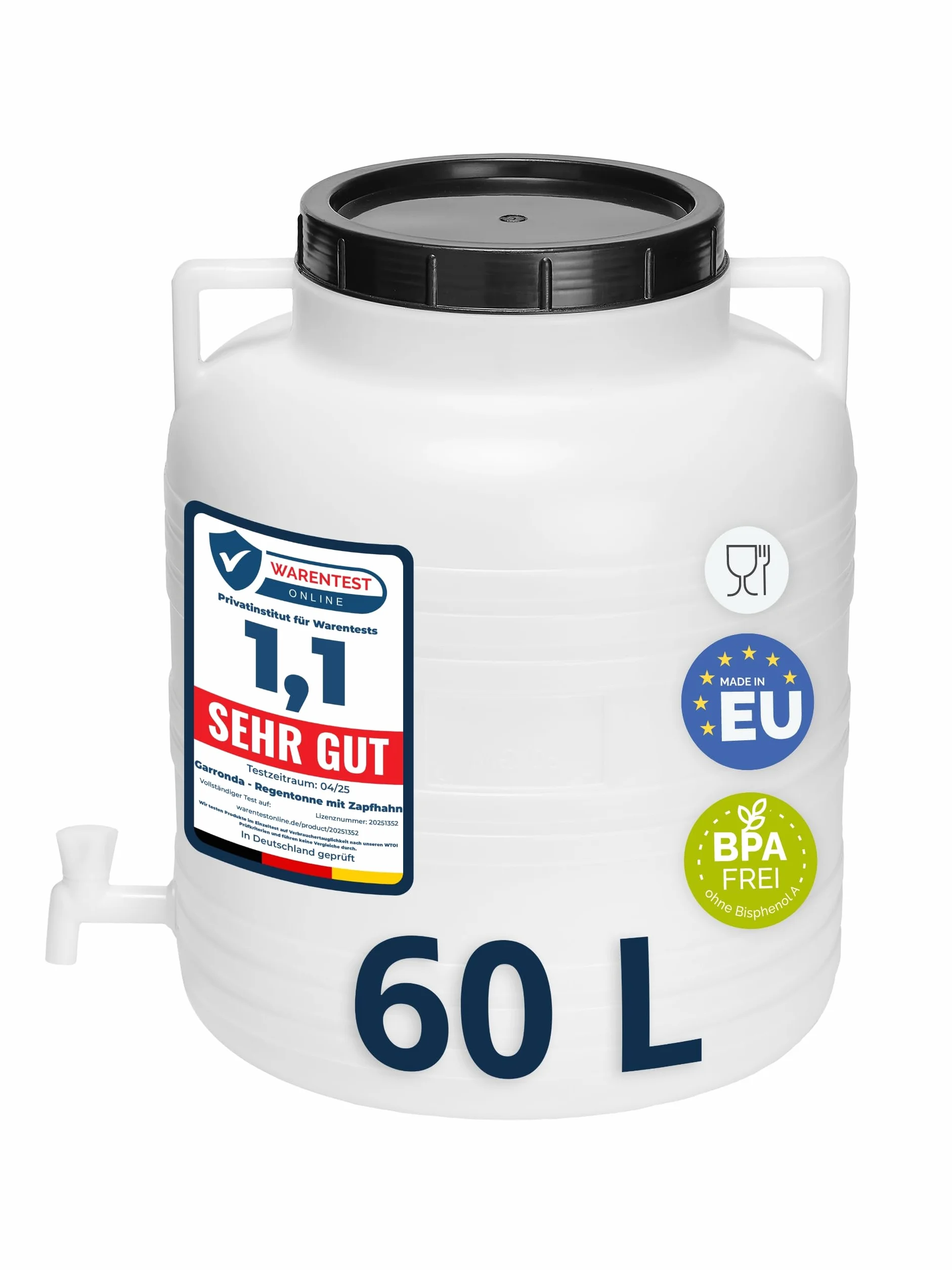 Barril 60 litros BPA-Libre con Grifo Boca Ancha, Depósito de Agua Blanco Garronda GD-0090