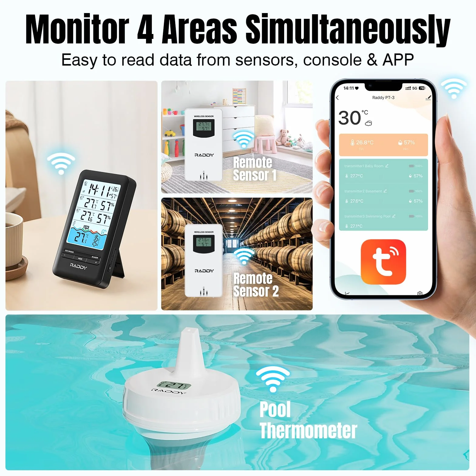Raddy PT-3 Termómetro para piscina Wi-Fi flotante con monitoreo remoto APP y 2 sensores adicionales