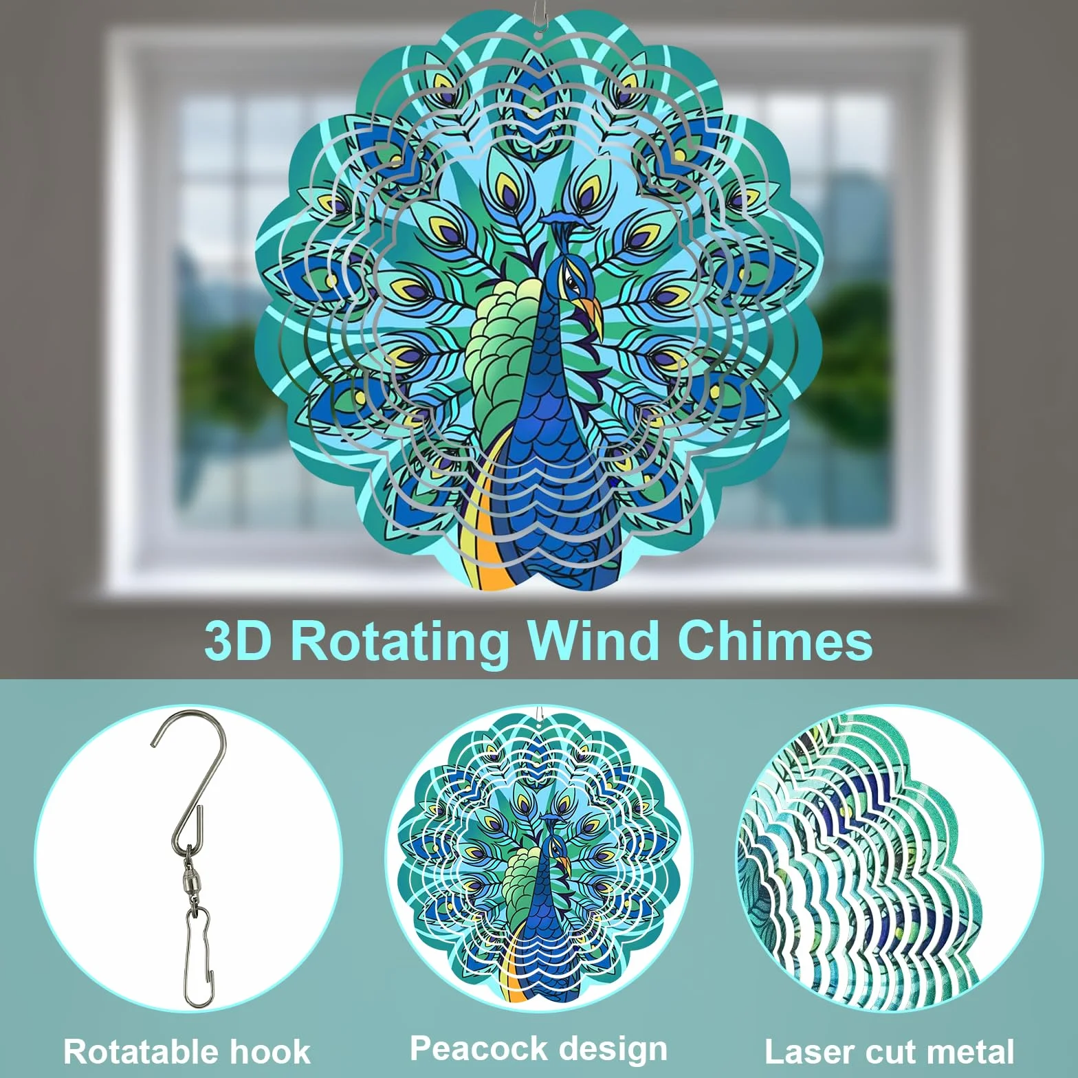Spinner de Viento de Metal 3D Acero Inoxidable Molino Colgante para Patio Jardín Decoración Pavo Real