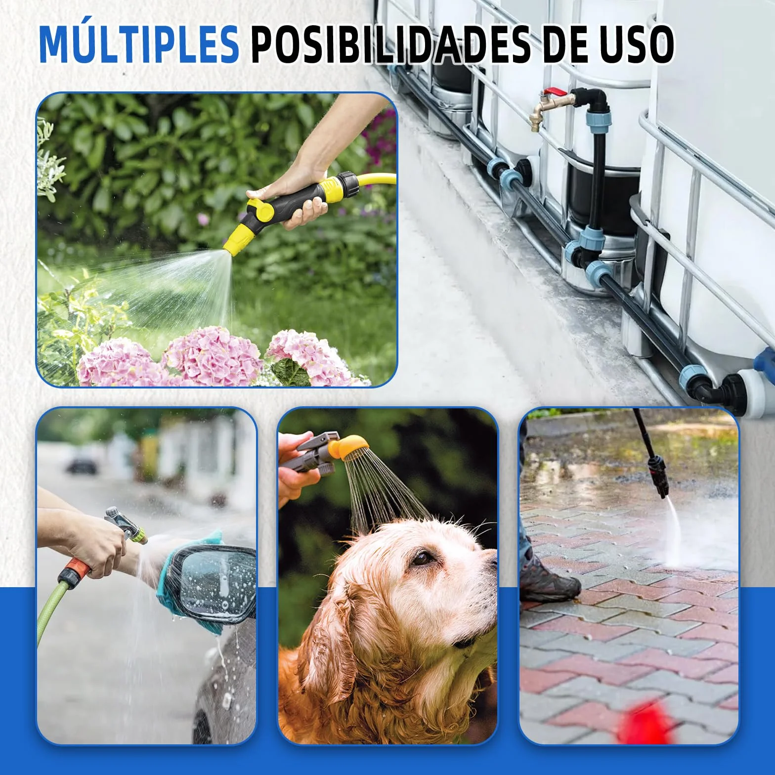 Kit de conexión para 3 depósitos IBC, grifo 3/4", conexión de manguera, riego de jardín