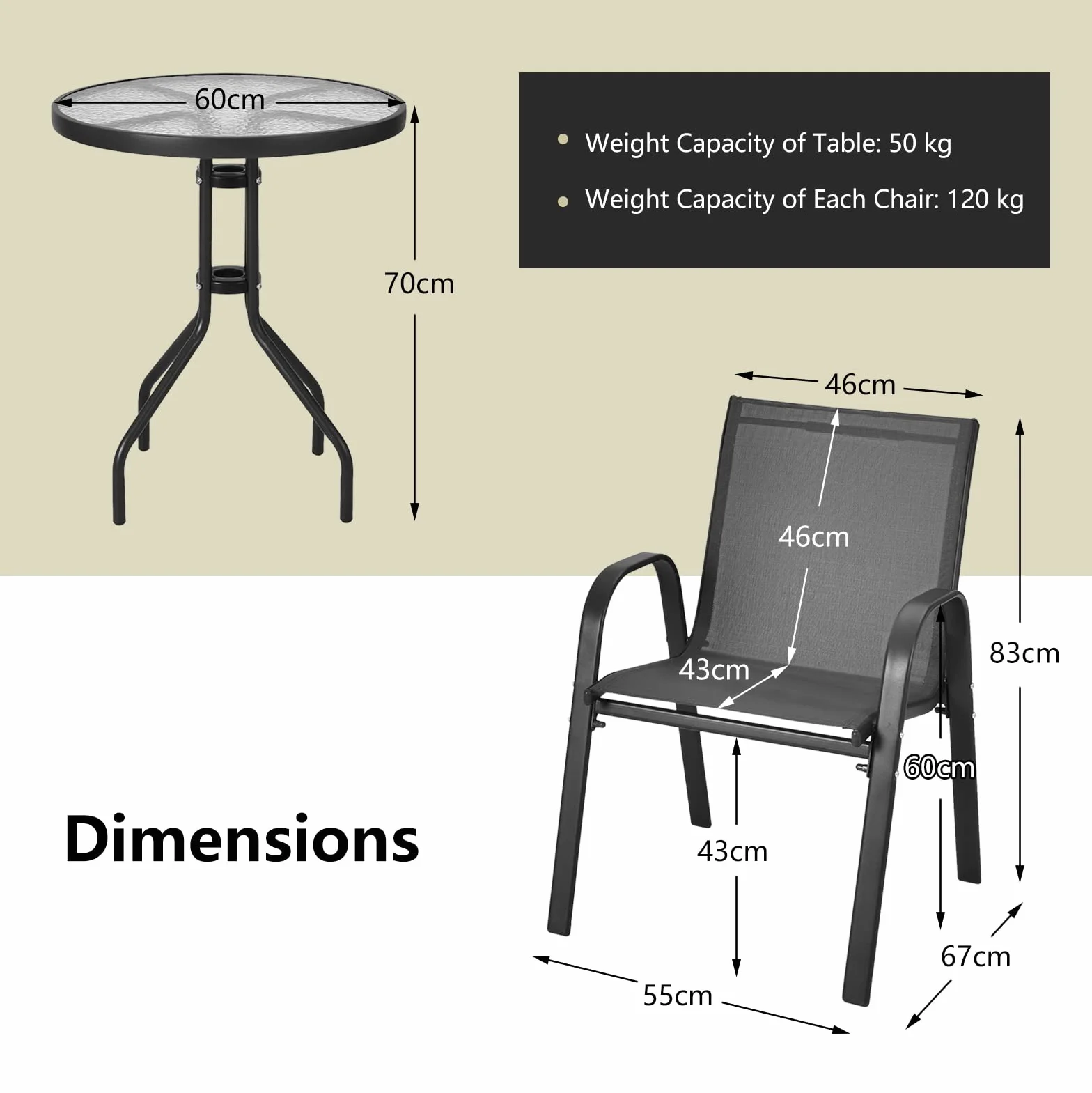 GIANTEX Conjunto de Muebles de Jardín 3 Piezas, Sillas Apilables, Marco de Metal, Mesa de Café con Tablero de Vidrio, Negro