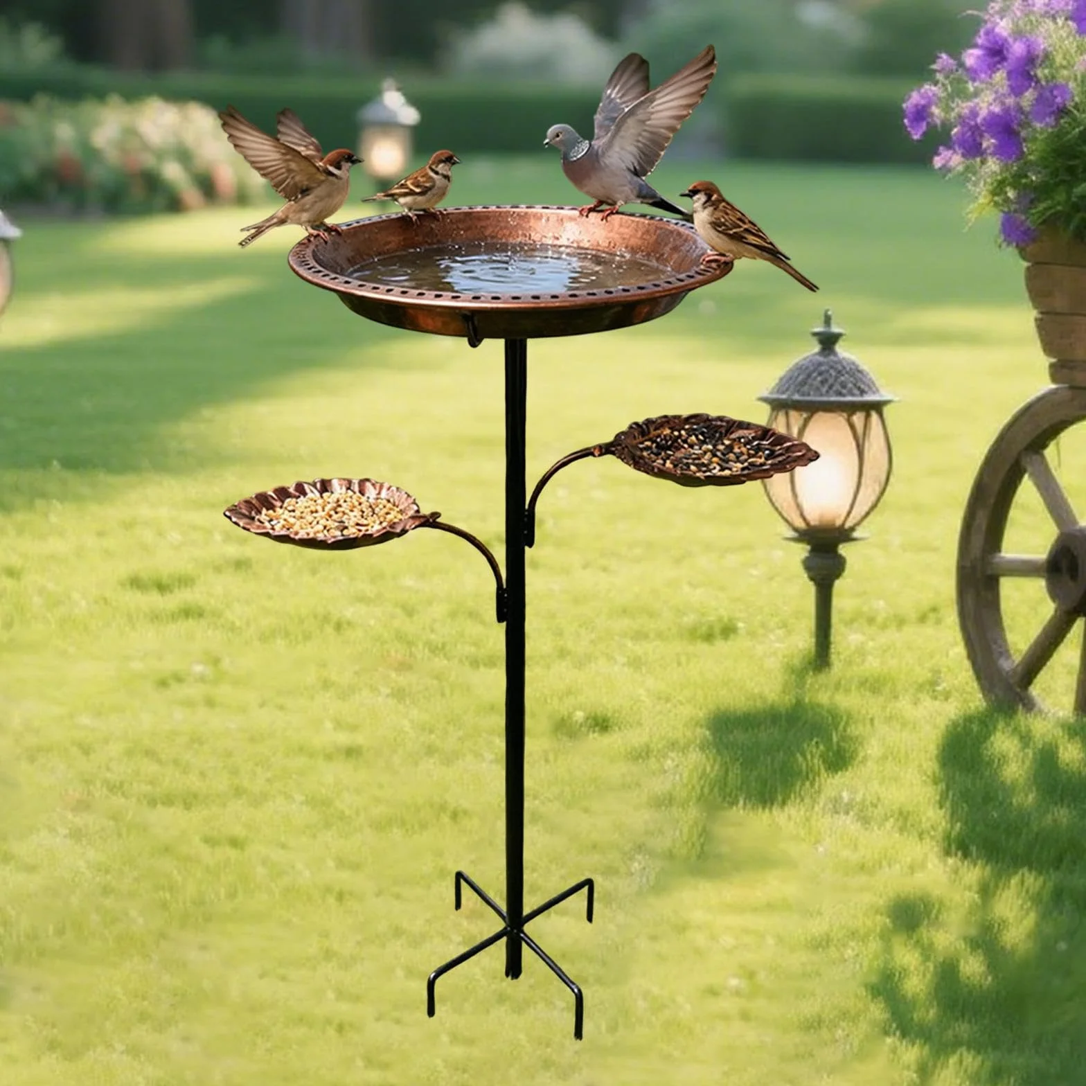 LOVIVER Bebedero para pájaros de Exterior, comedero metálico Resistente y Decorativo con estaca de 5 Puntas. Ideal para jardín, Patio o terraza.