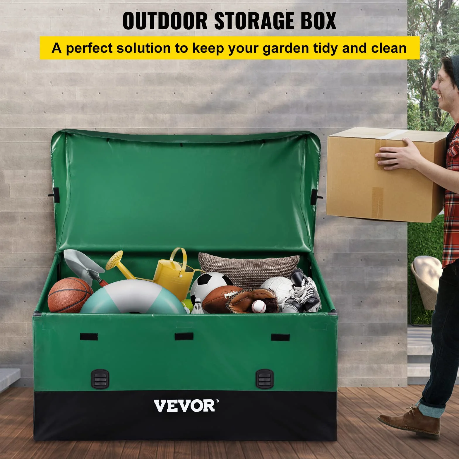 VEVOR Caja de Almacenamiento 230 Galones Arcón de Almacenaje para Jardín Tela Lona de PE 147 x 86 x 108 x 77 cm Verde