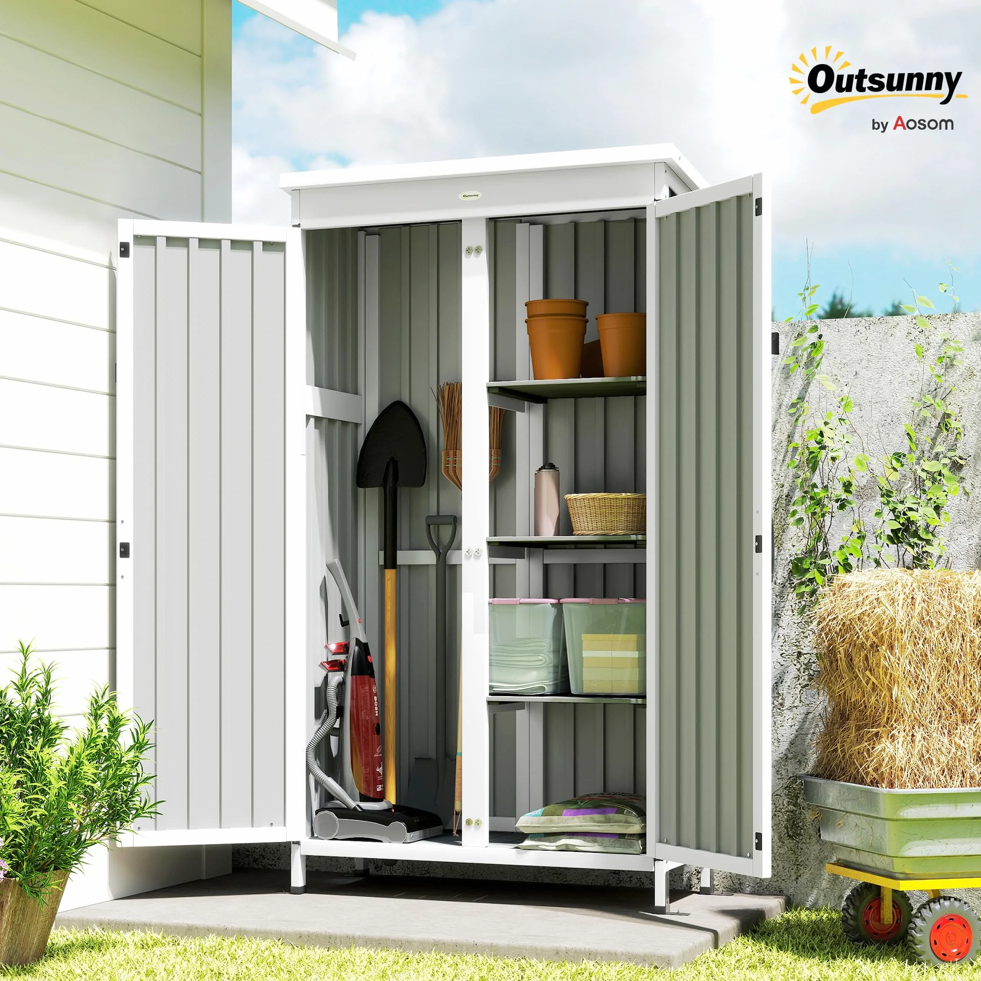 Outsunny Caseta de Jardín Madera Acero 94x43x166 cm Cobertizo Exterior Armario Herramientas 2 Puertas Estantes Ajustables Techo Impermeable Negro