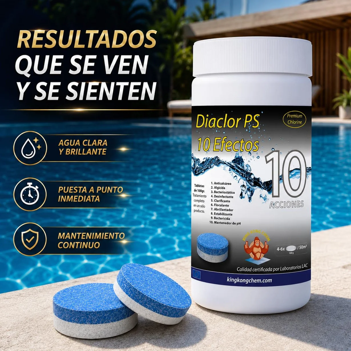 Cloro Total para Piscinas DIACLOR PS 10 1 KG Pastillas de Cloro Multiacción 100 gr