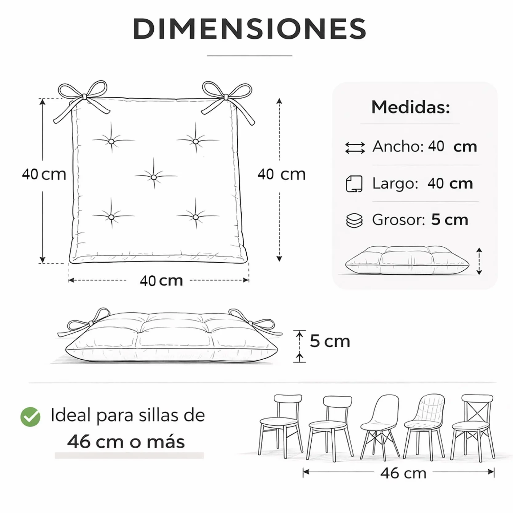 Cojines para Silla 40x40x5 cm Pack 4 con Cintas de Sujeción y Relleno Firme Beige