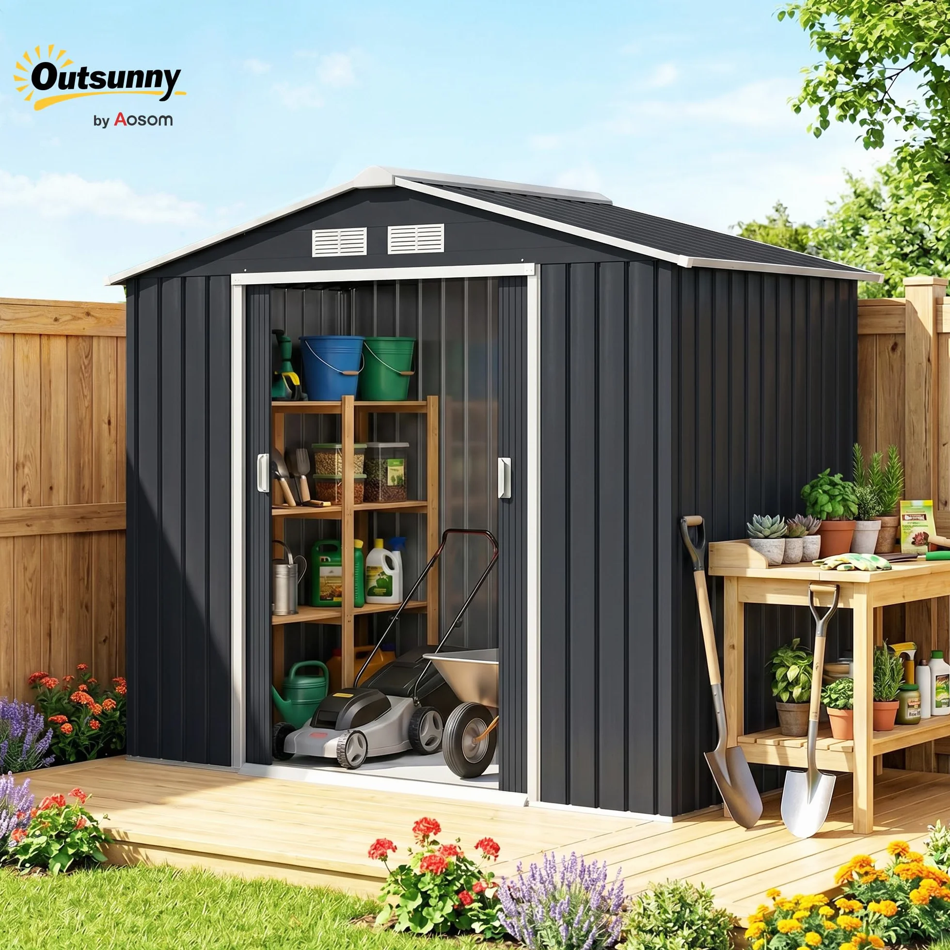 Outsunny Cobertizo de Jardín 2,42m² 213x130x185 cm Caseta Exterior 2 Puertas Correderas 4 Ventanas Almacenamiento Herramientas Gris Oscuro
