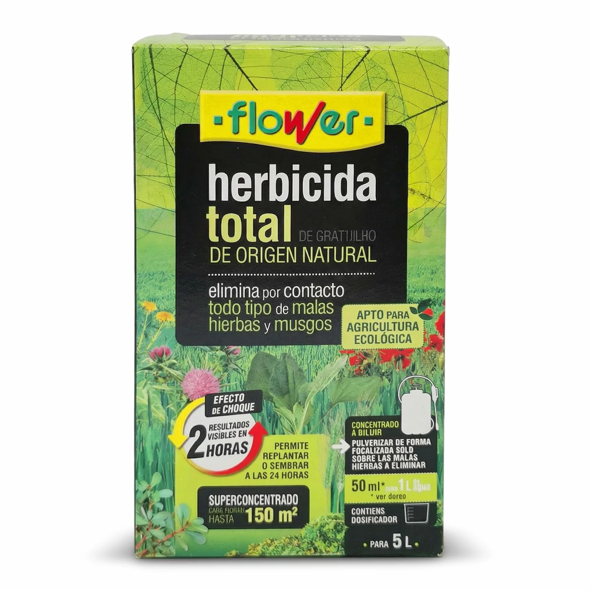 FLOWER Herbicida Total Ecológico 150 m² 250ml Elimina Malas Hierbas y Musgos Alternativa Glifosato