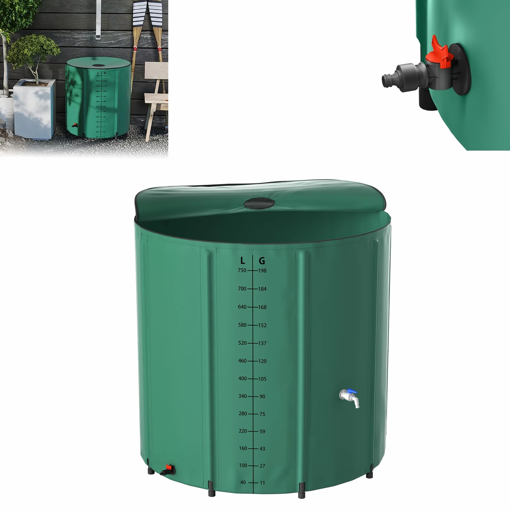 Depósito de agua de lluvia plegable 750 litros con tapa y escala, lona mate, para riego de jardín