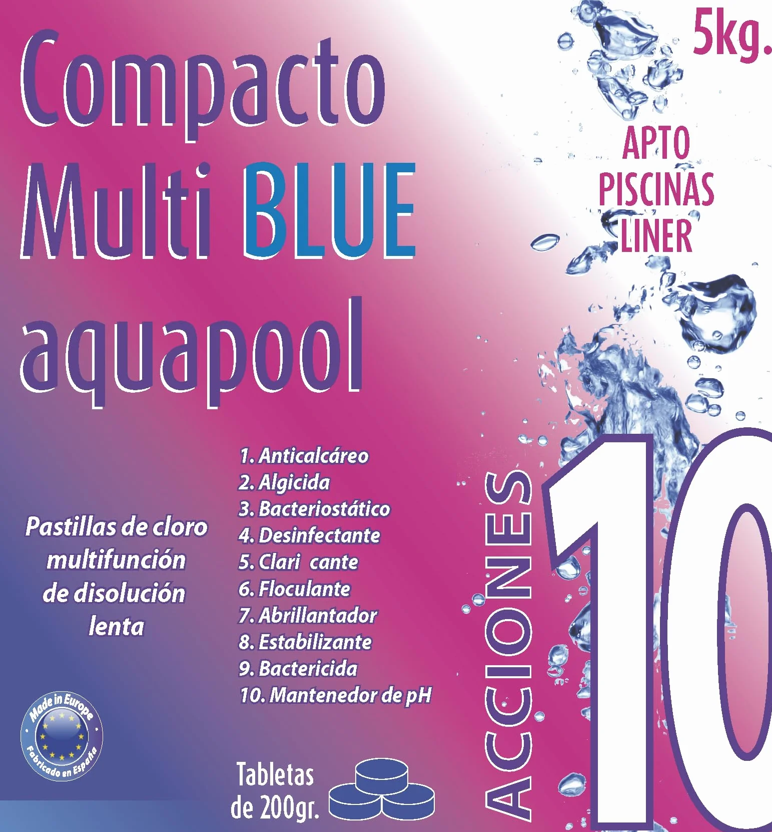 Aquapool Compacto 10 ACCIONES Pastillas de Cloro multifunción Disolución Lenta Apto Piscinas Liner 5 KG