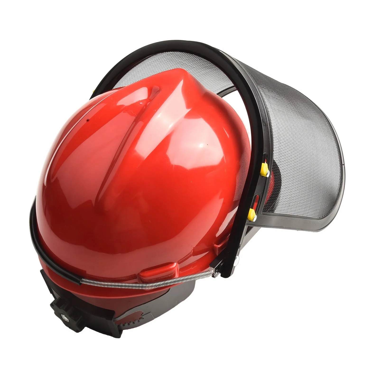 Funda de seguridad para casco de motosierra roja con protector facial de malla para cortacésped, recortadora y desbrozadora, diadema ajustable, plástico ligero y construcción de malla