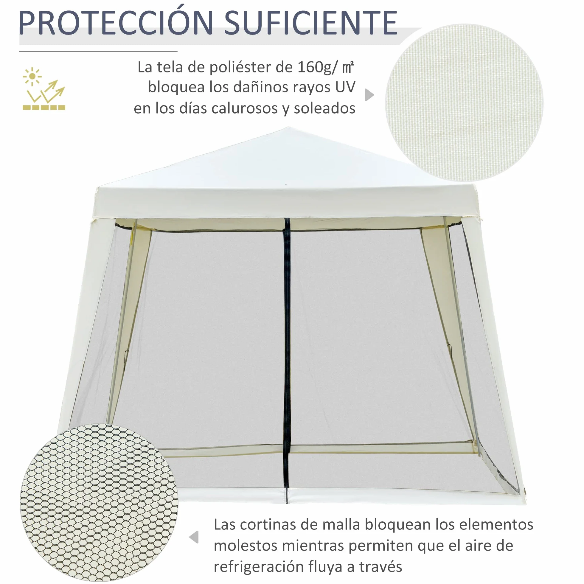 Outsunny Carpa de Jardín 3x3 m Cenador con 4 Partes Laterales Mosquitera con Cremallera Protección UV Impermeable para Patio Exterior Eventos Fiesta Crema