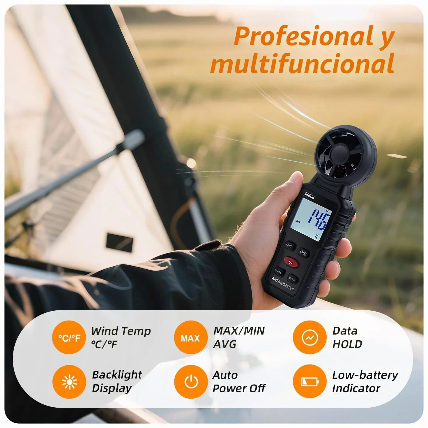 Anemómetro Portátil Digital 3 en 1, Medidor de Velocidad del Viento con Temperatura y Windchill