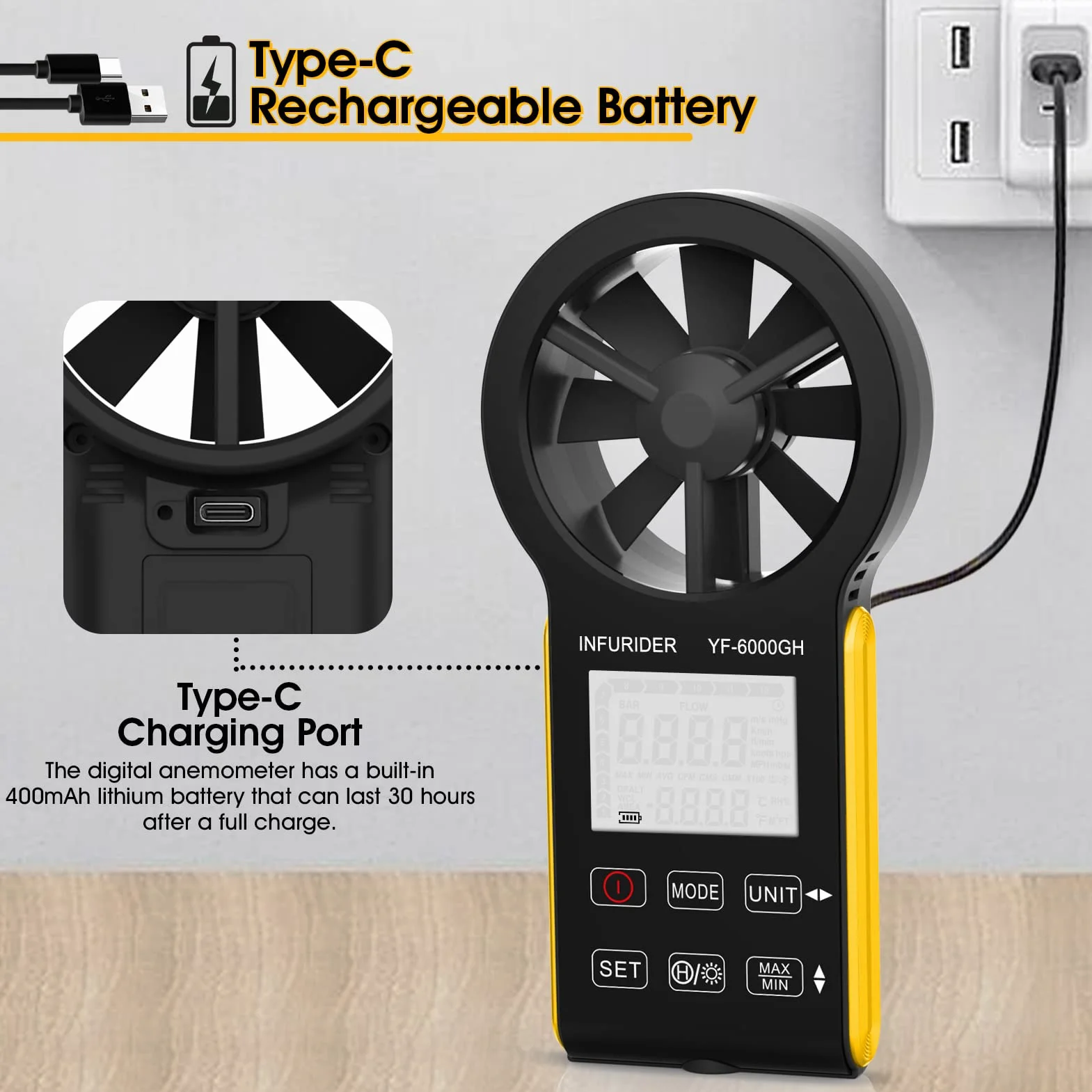Anemómetro Portátil Recargable INFURIDER YF-6000GH, Medidor de Viento Digital con Temperatura