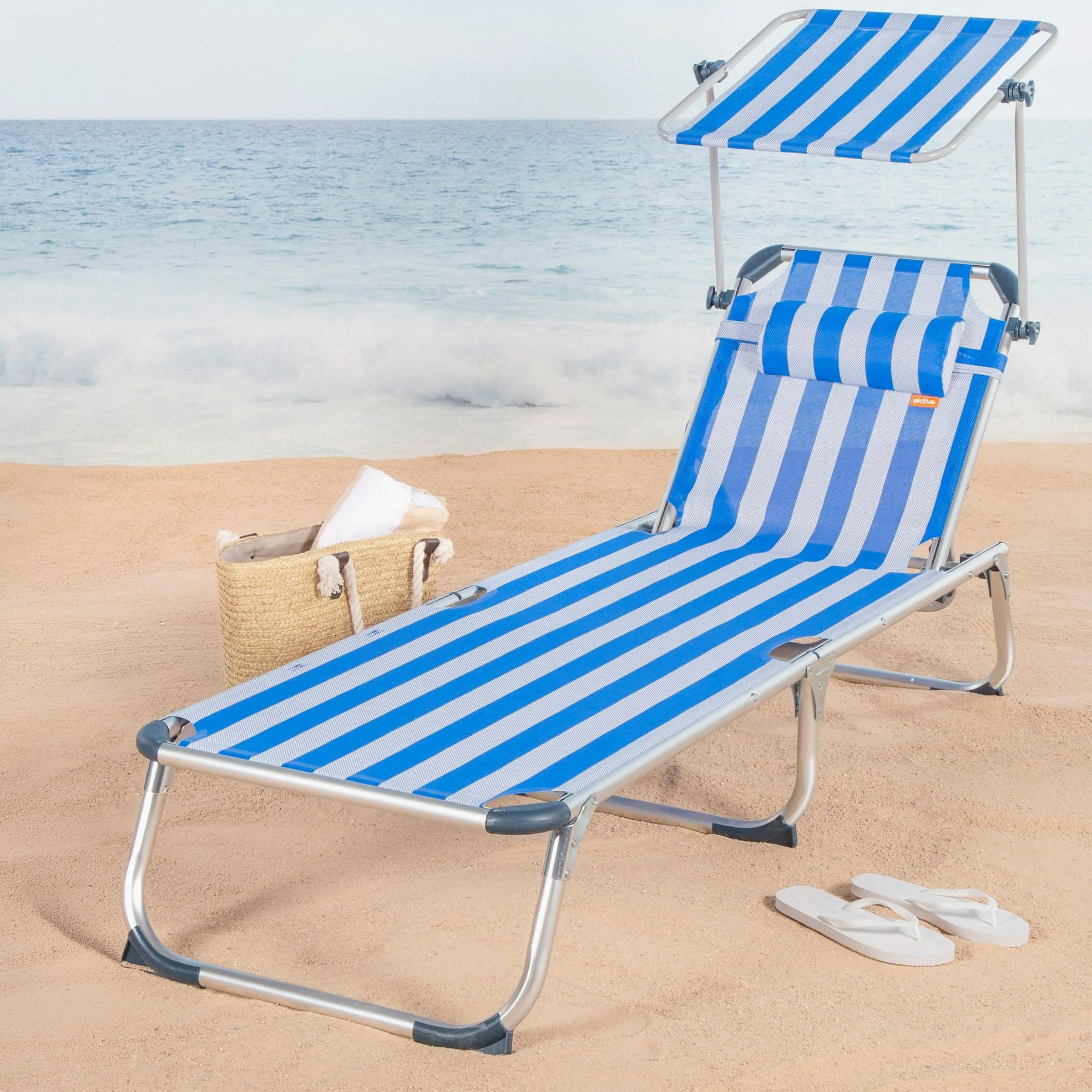 AKTIVE Hamaca Playa Plegable, Azul Rayas, 186x49x30 cm, 5 Posiciones, Topes antivuelco, Parasol, Cojín, Soporta 110 kg, Estructura Aluminio, Tumbona terraza Exterior, Hamacas jardín (62475)