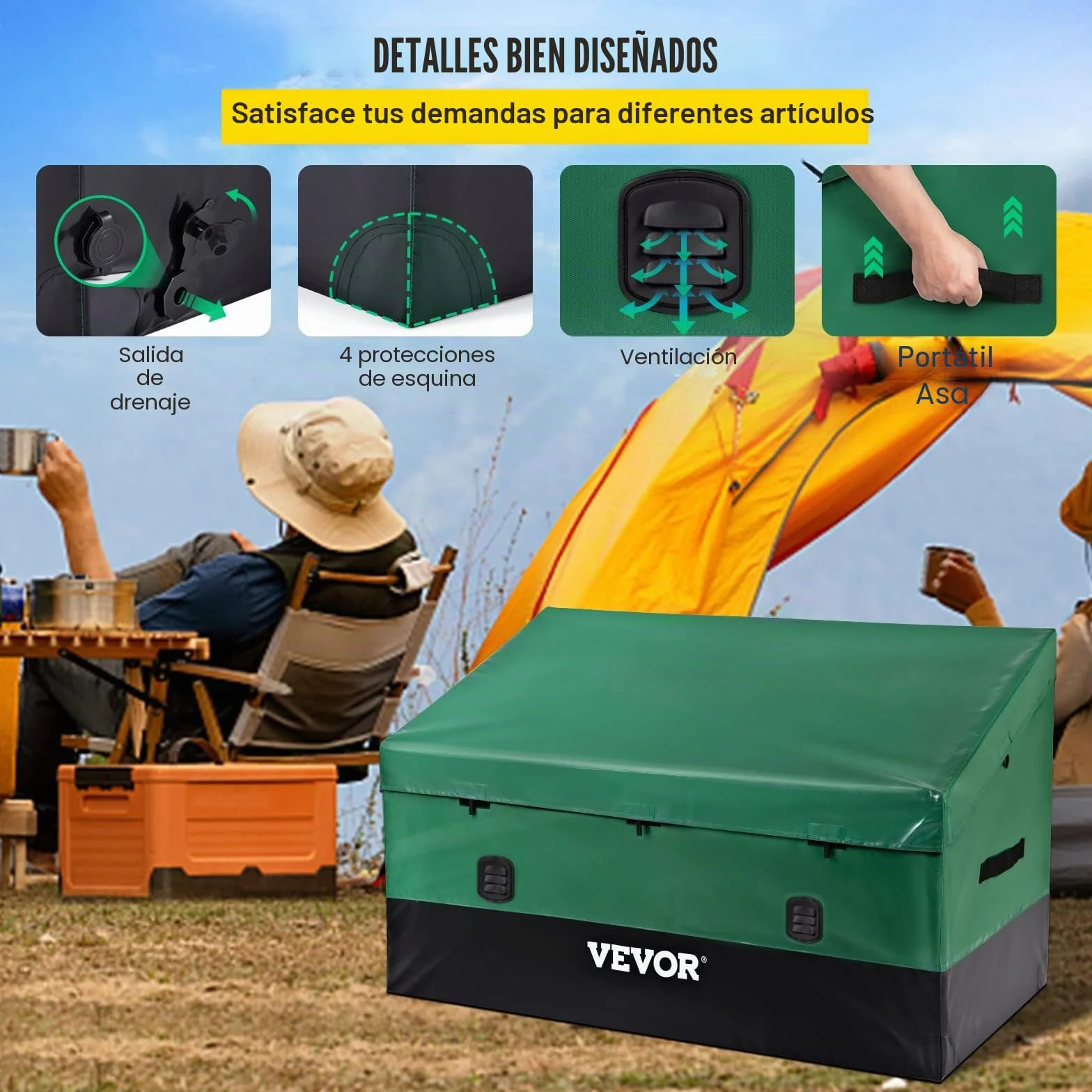 VEVOR Caja de Almacenamiento Exteriores 150 Galones Arcón Jardín Tela Lona PE Baúl Portátil 155x63x75x52 cm Verde