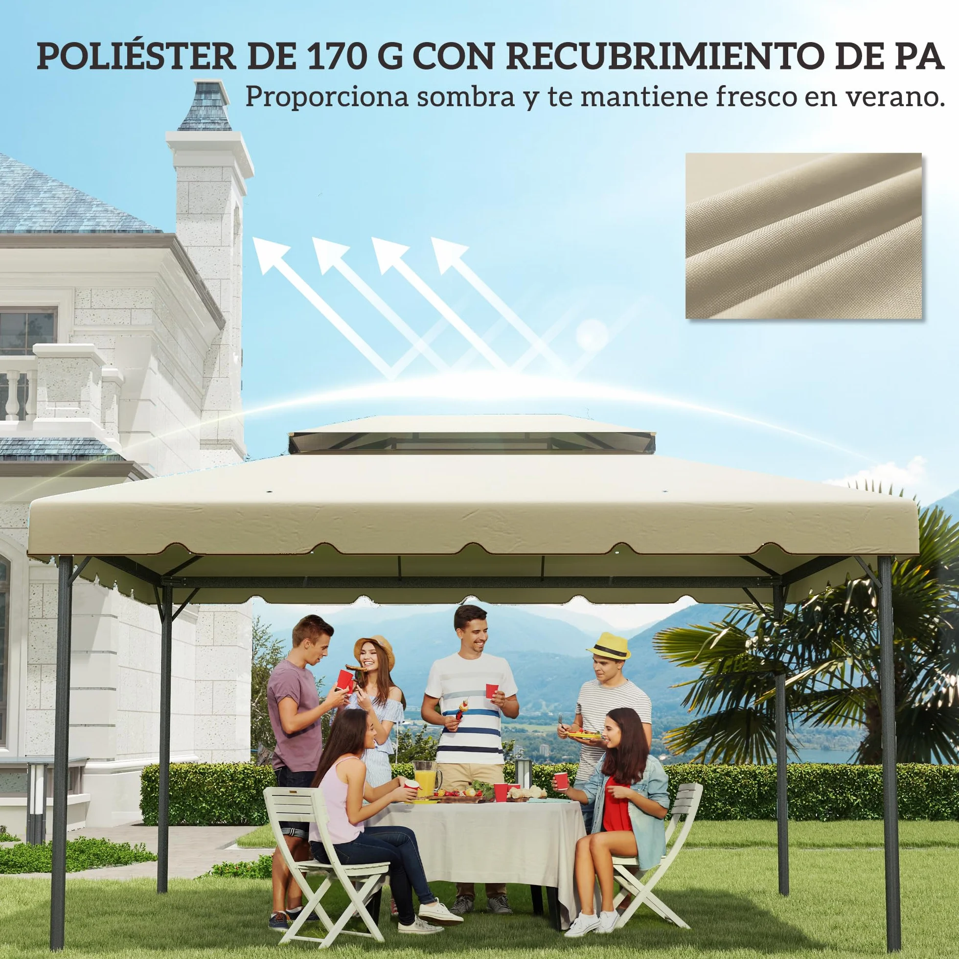 Outsunny Techo de Repuesto para Cenador, 4x3 m, Cubierta de Repuesto con Doble Techo, 8 Orificios de Drenaje, Solo Toldo de Recambio para Pabellón Gazebo, Beige