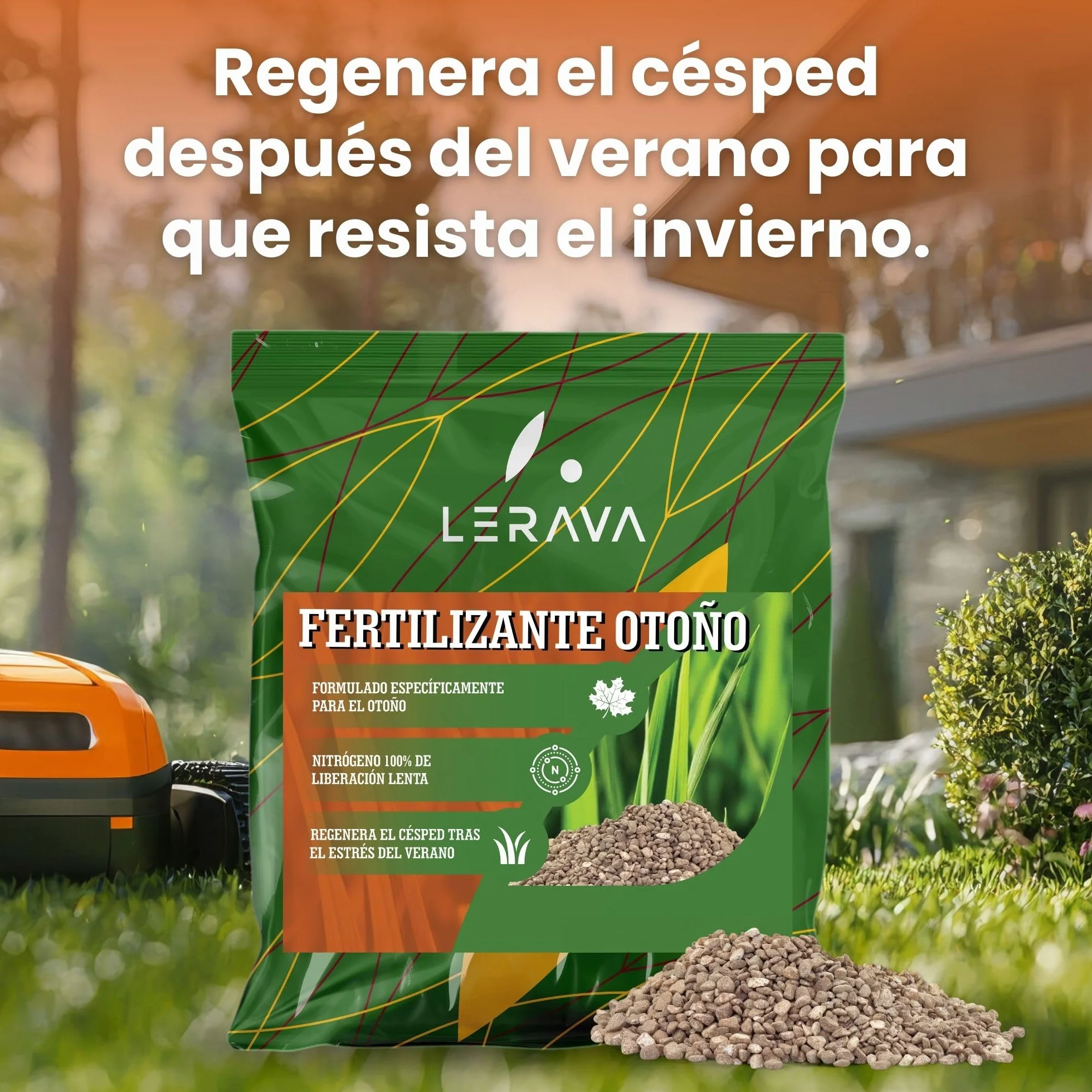 LERAVA® Abono césped Otoño 185 m² Fertilizante Liberación Lenta 100% Nitrógeno