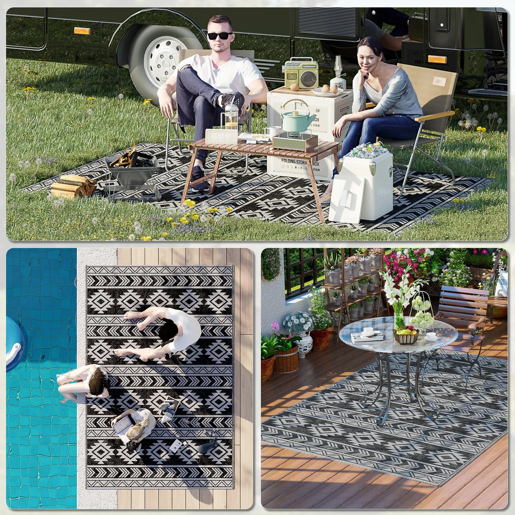 Outsunny Alfombra de Exterior 182x274 cm Reversible Impermeable Anti-UV Terraza Balcón Patio Negro Gris Claro
