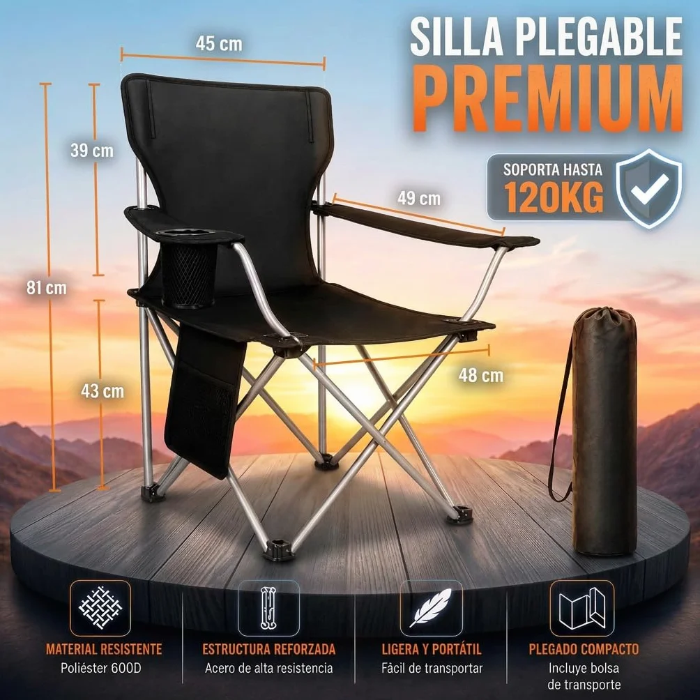 Silla Plegable Camping de Acero y Tejido Oxford Negro Azabache