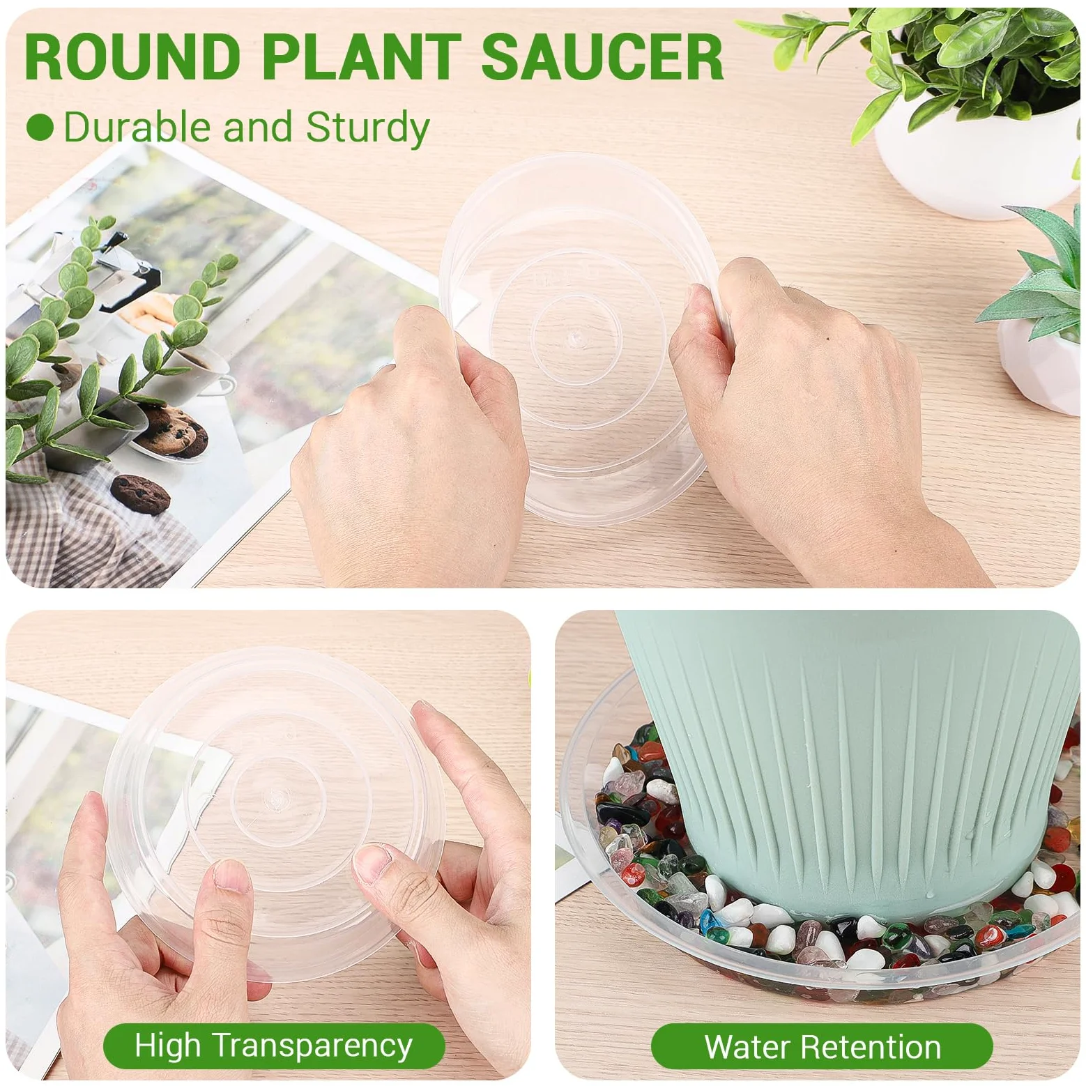 GREANER 30 paquetes de platillos transparentes para plantas, bandejas de plástico de 5 pulgadas para plantas, bandejas de goteo resistentes para plantas en maceta, bandejas sin agujeros para plantas