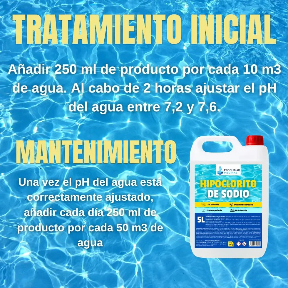 Hipoclorito de Sodio 5 litros Limpiador para Piscinas Saneamiento de Agua