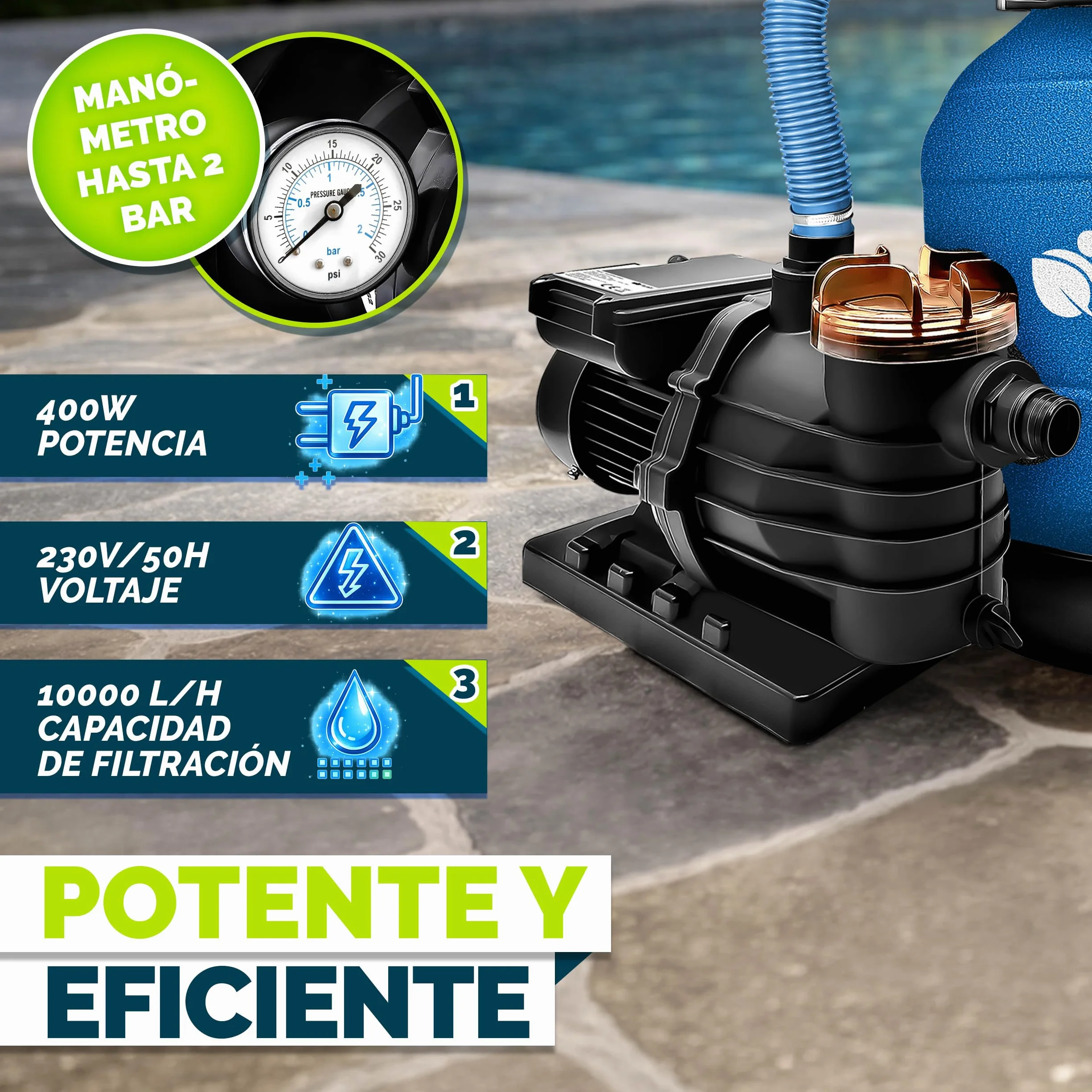 Tillvex Depuradora de Agua para Piscina 10 m³/h Bomba de Filtro de Arena con Válvula Azul