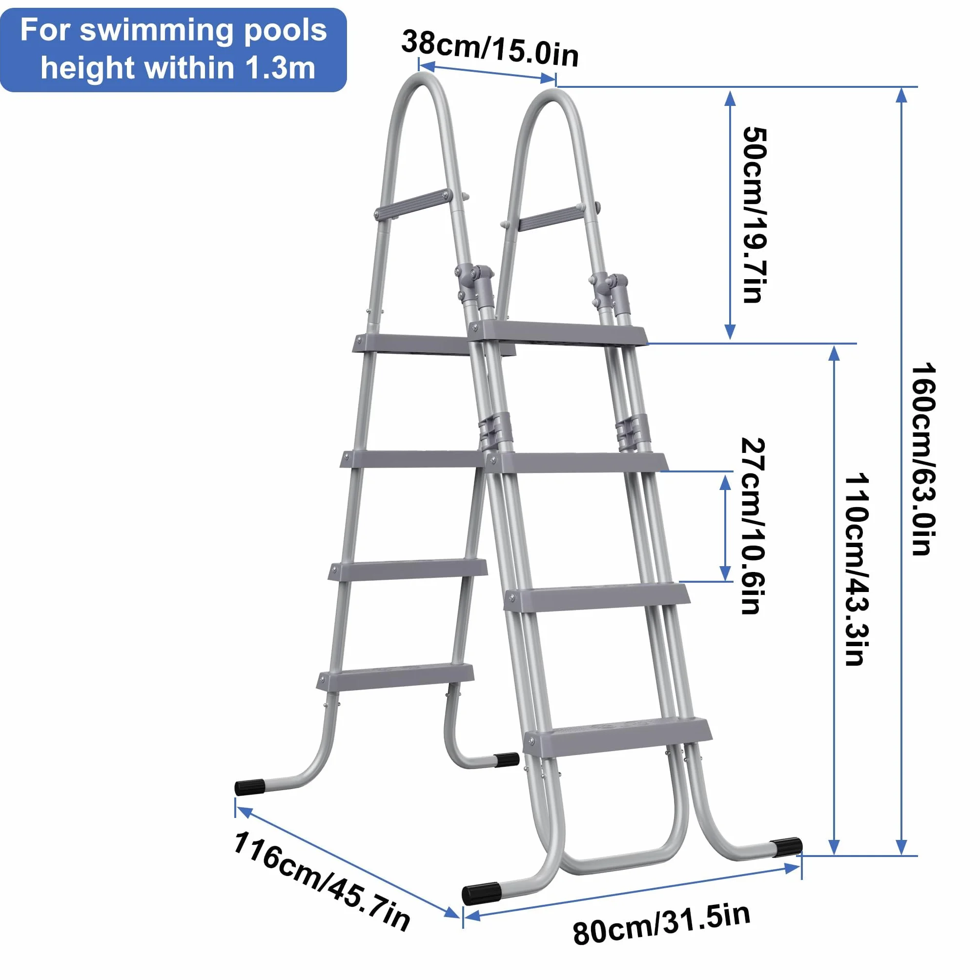 Escalera de piscina metálica 4 peldaños 130 cm 150 kg gris