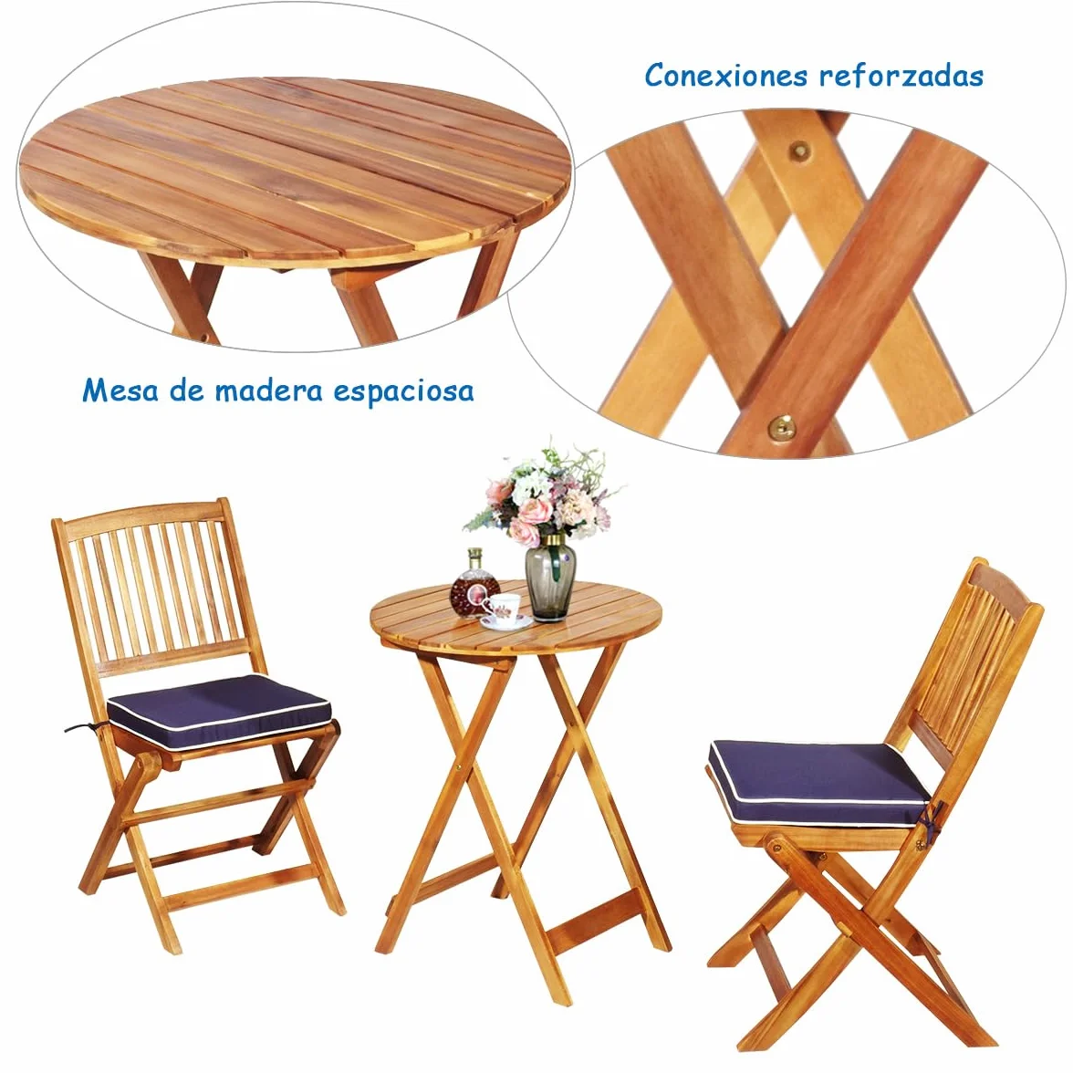 COSTWAY Juego de Mesa y 2 Sillas para Jardín Mueble de Madera Mesa Redonda Plegable Azul