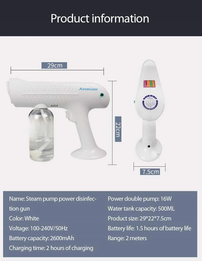 Máquina nebulizadora inalámbrica, pulverizador desinfectante Máquina atomizadora Desinfección portátil azul Vapor Eléctrico Nebulizador portátil Batería para el hogar Pistola pulverizadora Recargable
