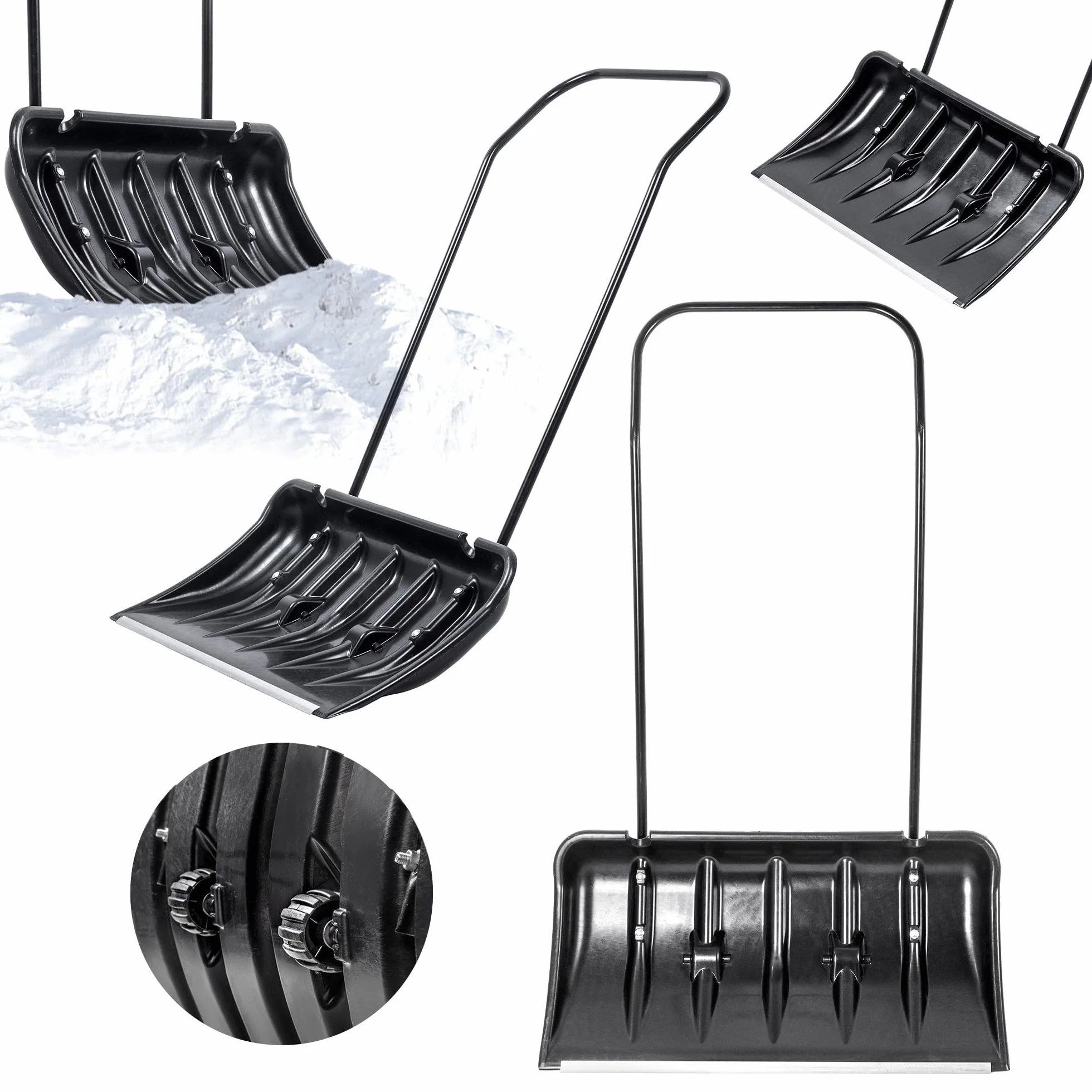 KADAX Pala quitanieves con borde de perfil de aluminio, ruedas, mango de metal, hoja de plástico, negro