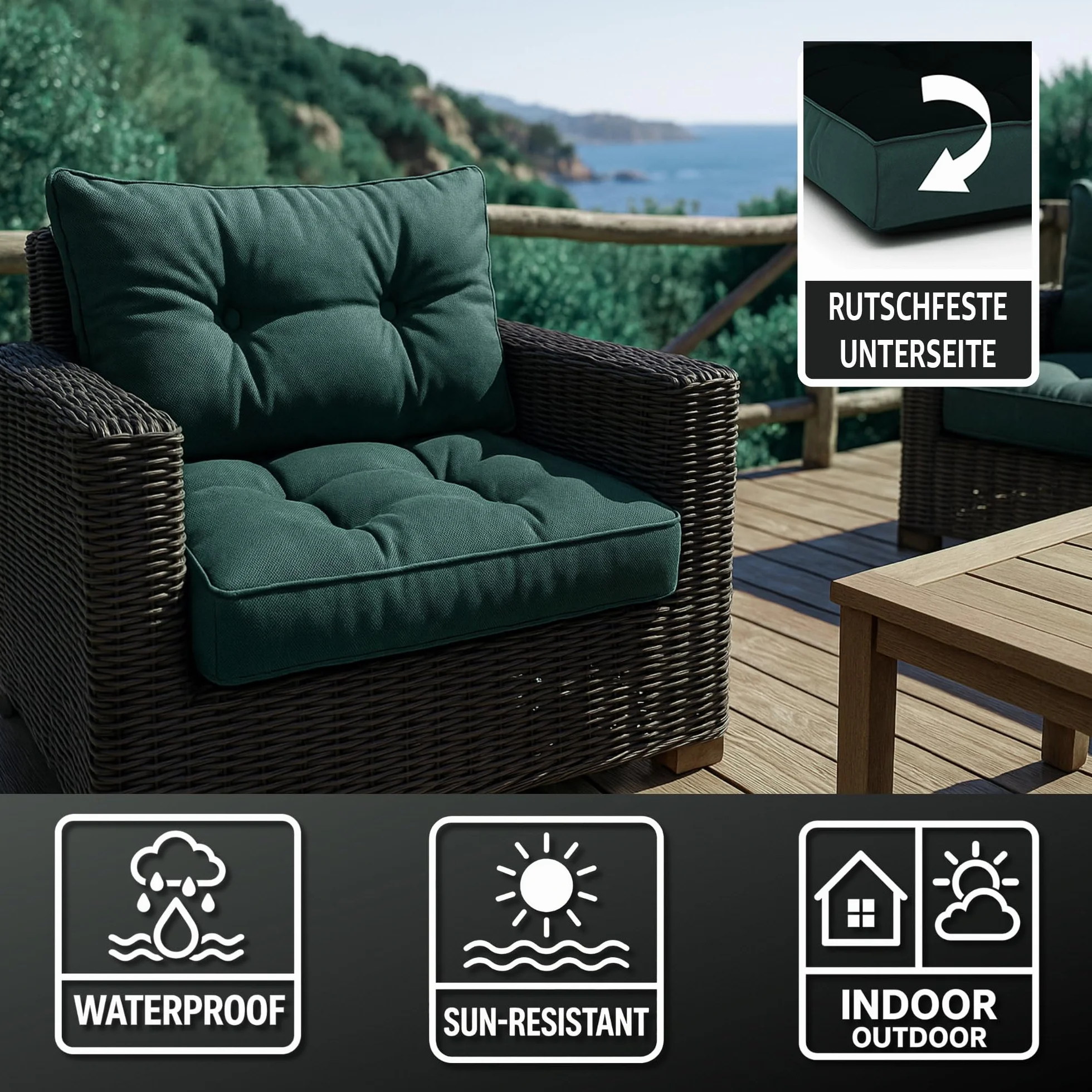Cojín Lounge Muebles Jardín 60x60 cm Respaldo 40x60 cm Rattan Verde