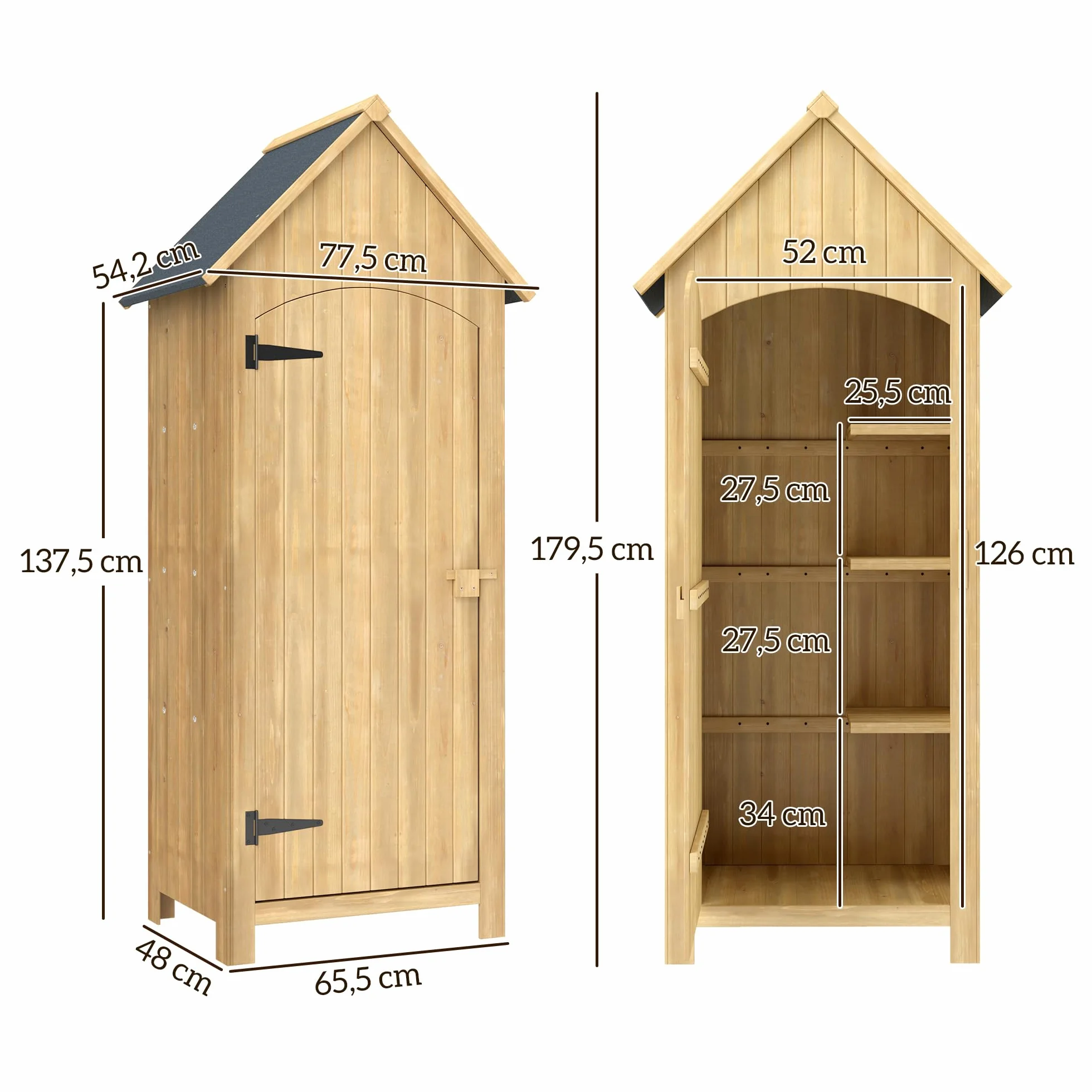 Outsunny Caseta Jardín Exterior Madera 77,5x54,2x179,5 cm 0,3 m² Cobertizo Almacenaje Herramientas 3 Estantes 2 Puertas Cerrojo